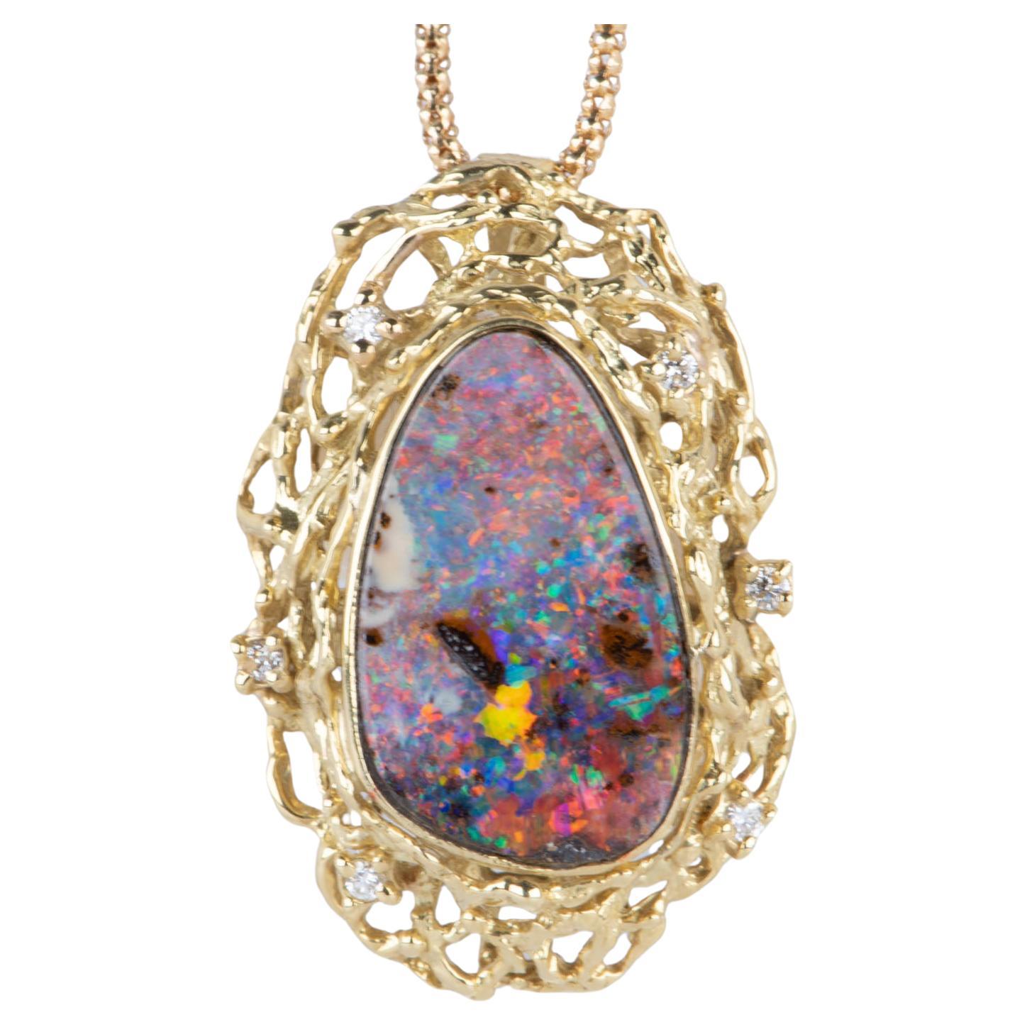 Australian Boulder Opal and Diamond Pendant with Chain 18K Gold 10.38g V1125 For Sale