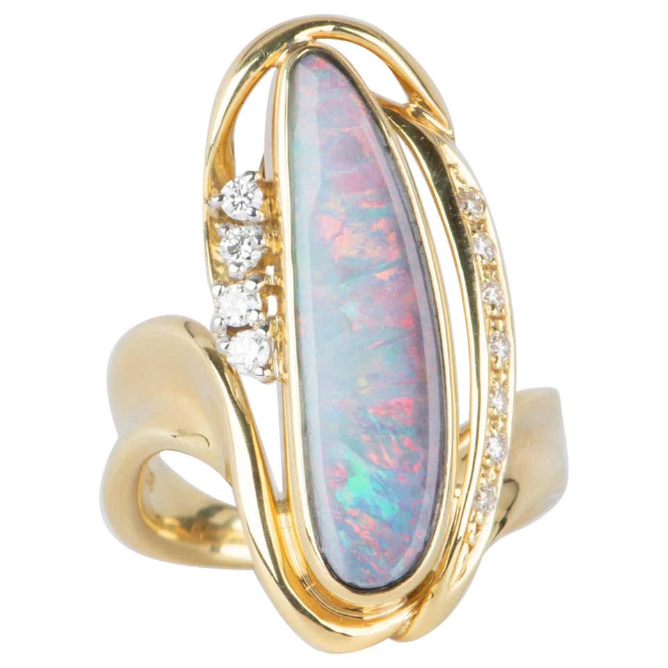 Bluish Purple 0.60ct Round Australian Boulder Opal, Stackable Ring with ...