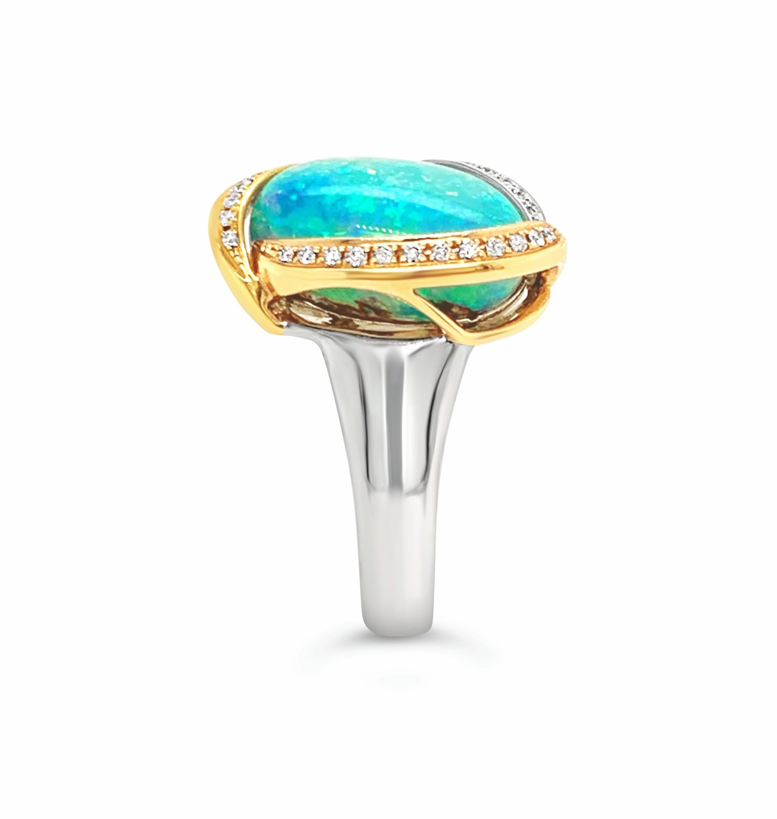 Contemporary Natural Australian 7.63ct Boulder Opal, Cocktail Ring 18K White, Yellow Gold