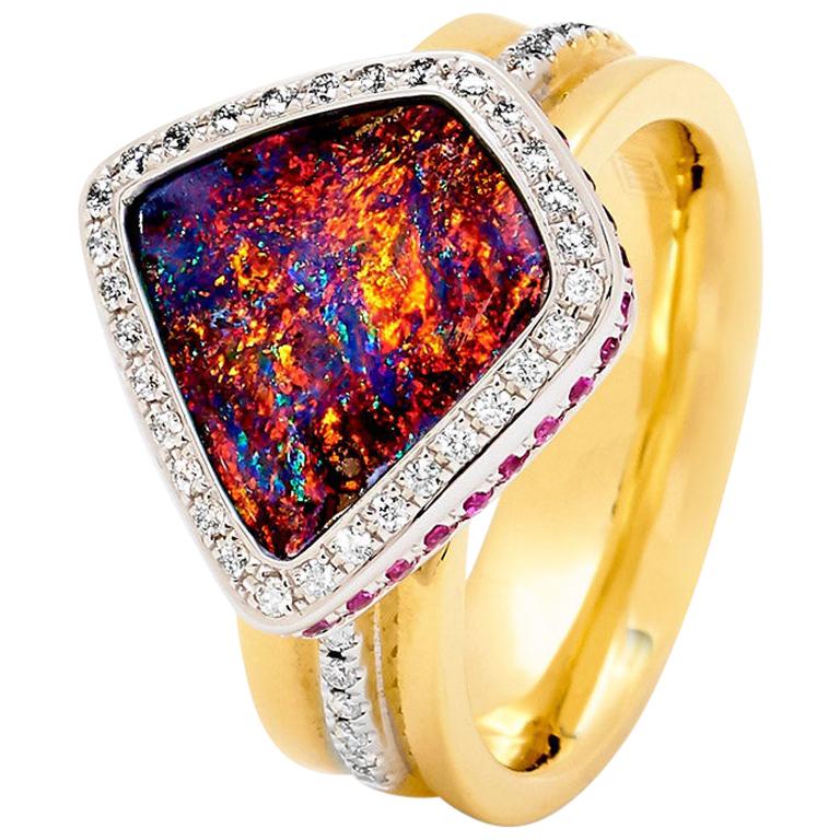 Natürlicher australischer 3,35 Karat Boulder-Opal-Cocktailring aus 18 Karat Weiß- und Gelbgold im Angebot