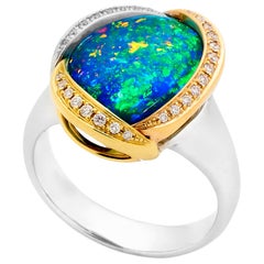 Natural Australian 7.63ct Boulder Opal, Cocktail Ring 18K White, Yellow Gold