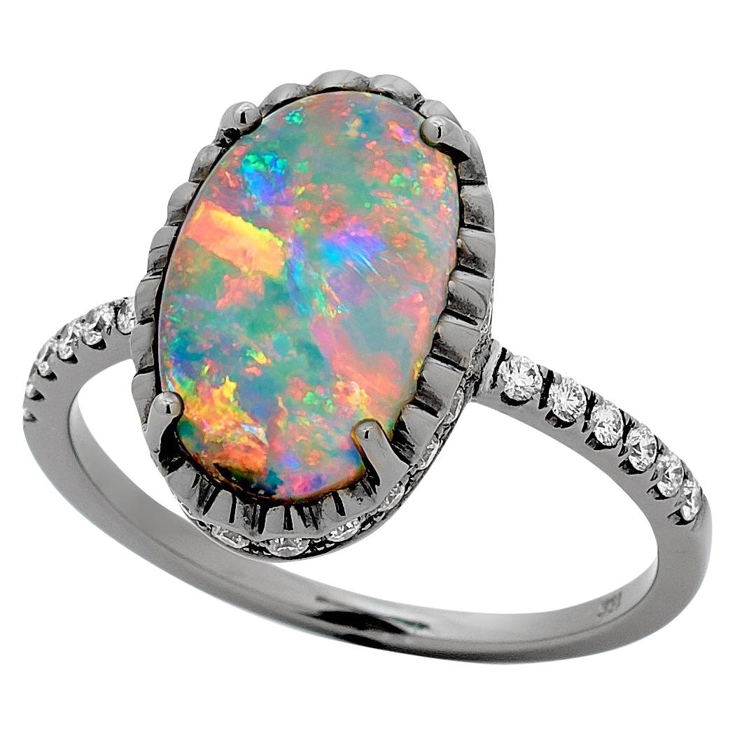 Natural Australian 2.93ct Boulder Opal Engagement Ring 18K White, Yellow Gold For Sale