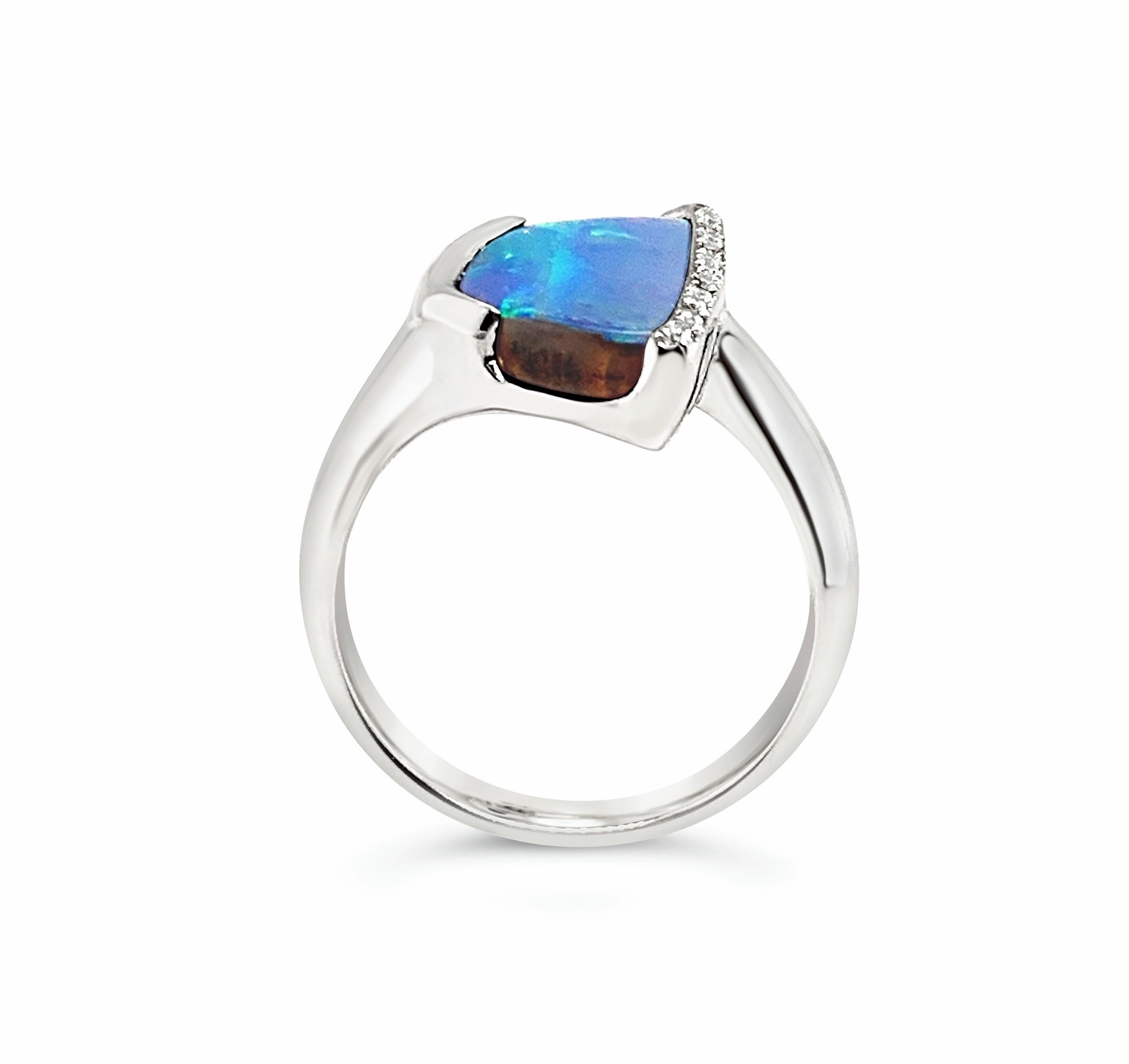 Cabochon Natural Australian 4.28ct Boulder Opal and Diamond Cocktail Ring 18K White Gold For Sale