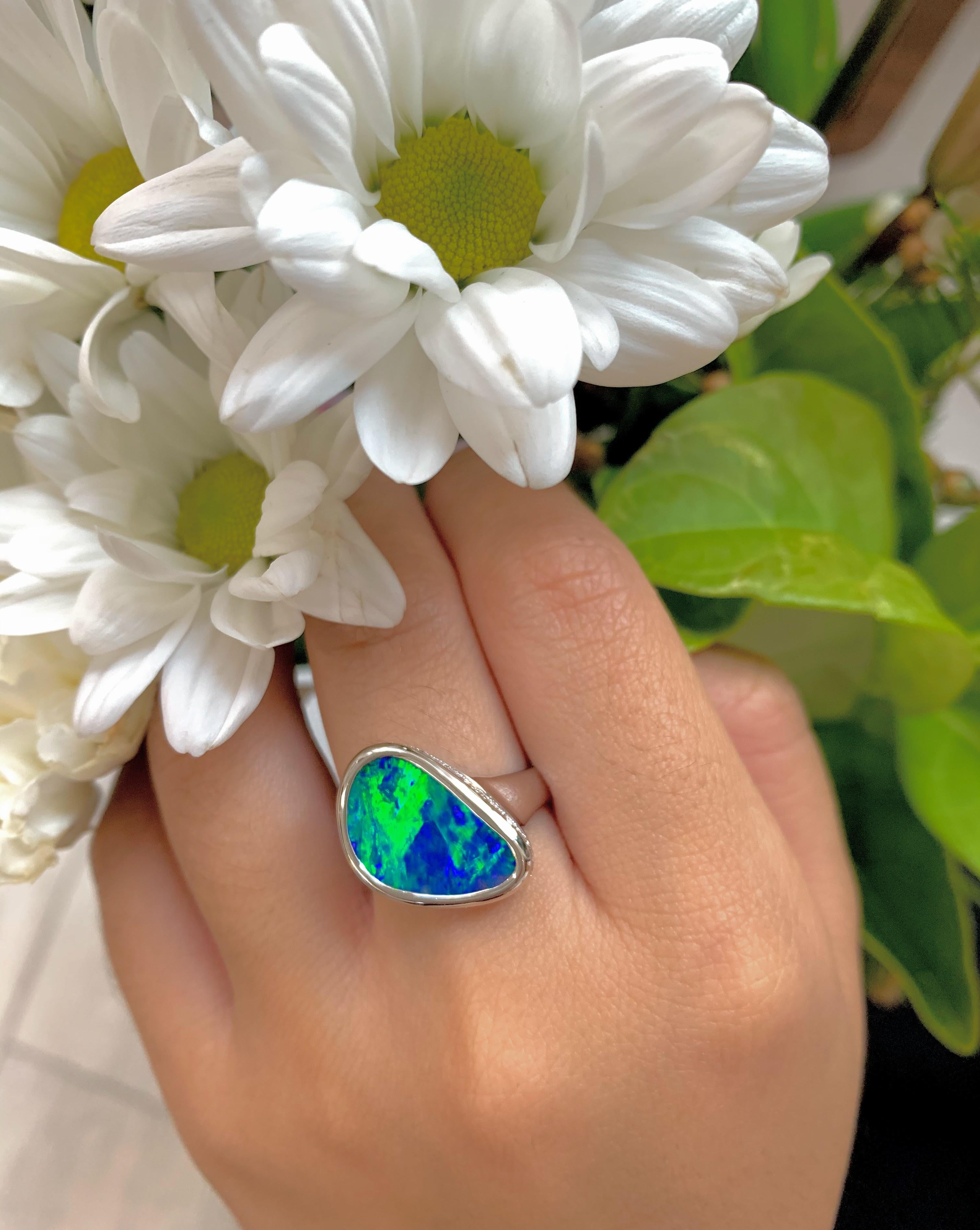Cabochon Natural Australian 4.80ct  Boulder Opal and Diamond Cocktail Ring 18K White Gold For Sale