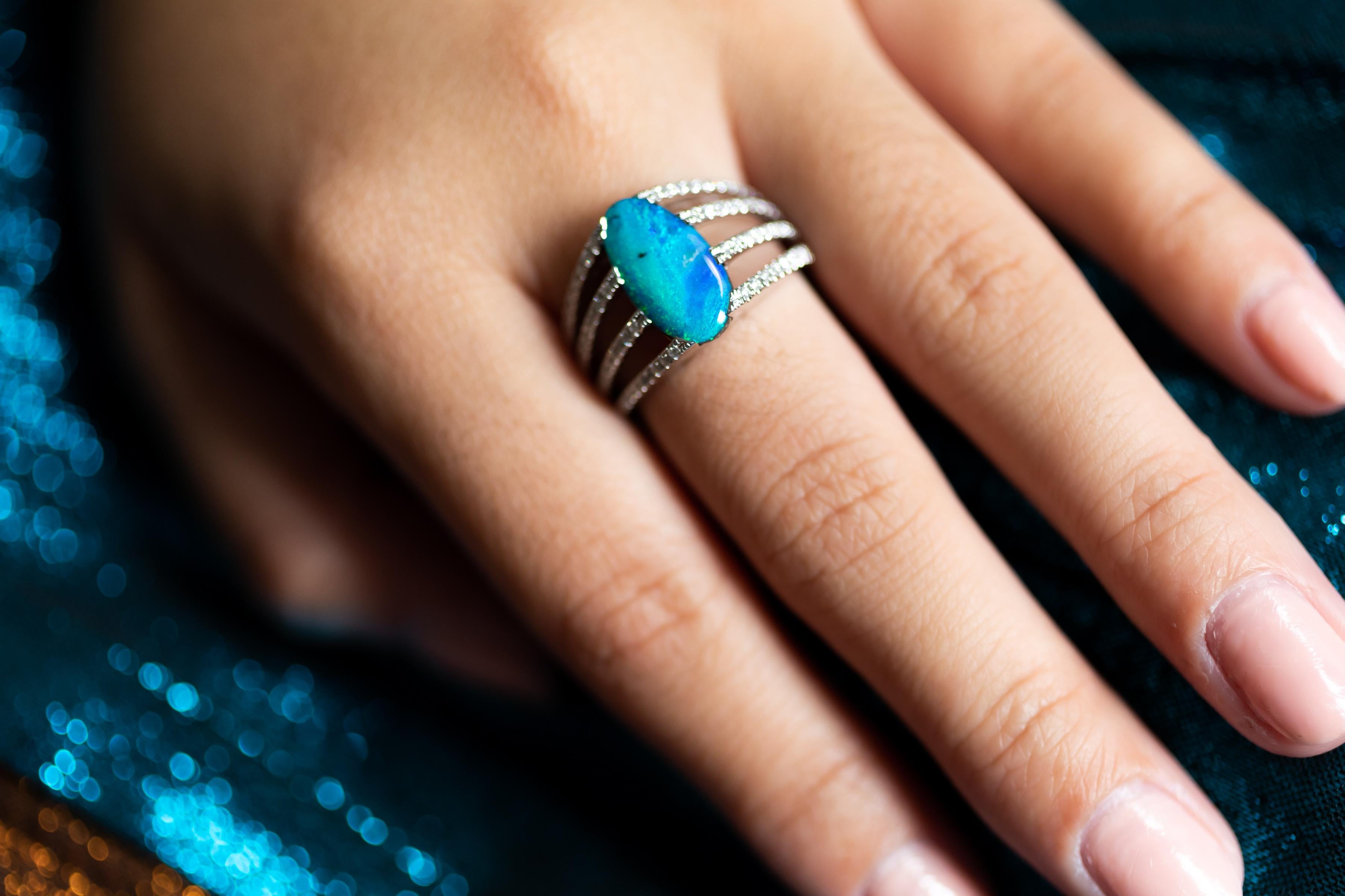 “Princess de Neve” opal ring was inspired by tales of princesses, ice palaces and enchanted kisses. A magical boulder opal (2.77ct) from our own mines in Jundah-Opalville is set in a graceful 18K white gold setting with 92 lustrous diamonds.