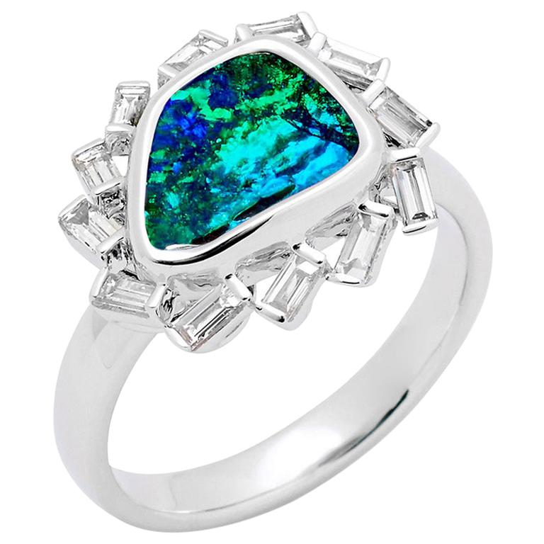 Natural Australian 3.10ct Boulder Opal and Diamond Cocktail Ring 18K White Gold