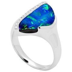 Natural Australian 4.28ct Boulder Opal and Diamond Cocktail Ring 18K White Gold