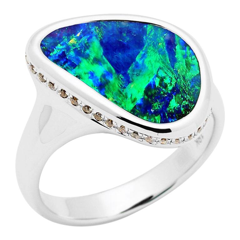 Natural Australian 4.80ct  Boulder Opal and Diamond Cocktail Ring 18K White Gold