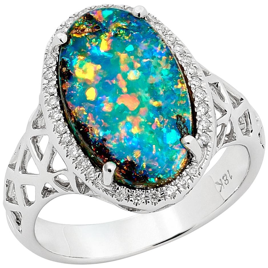 Natural Australian 4.56ct Boulder Opal/Diamond Engagement Ring in 18K White Gold