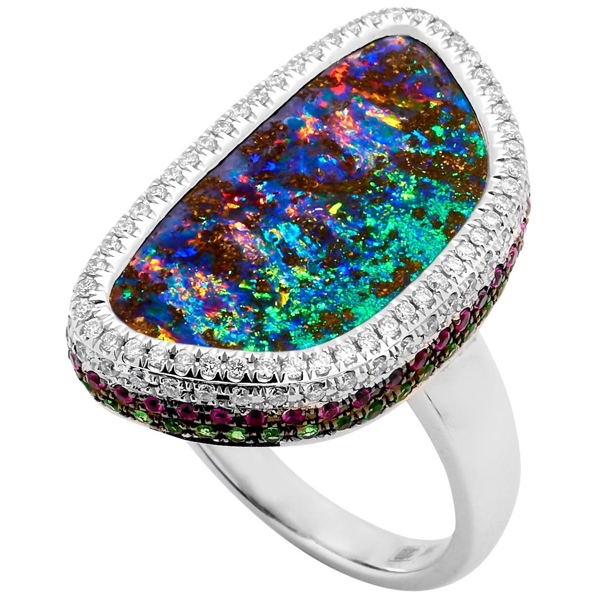 Natural Untreated Australian 10.25ct Boulder Opal Diamond Ring 18K White Gold For Sale