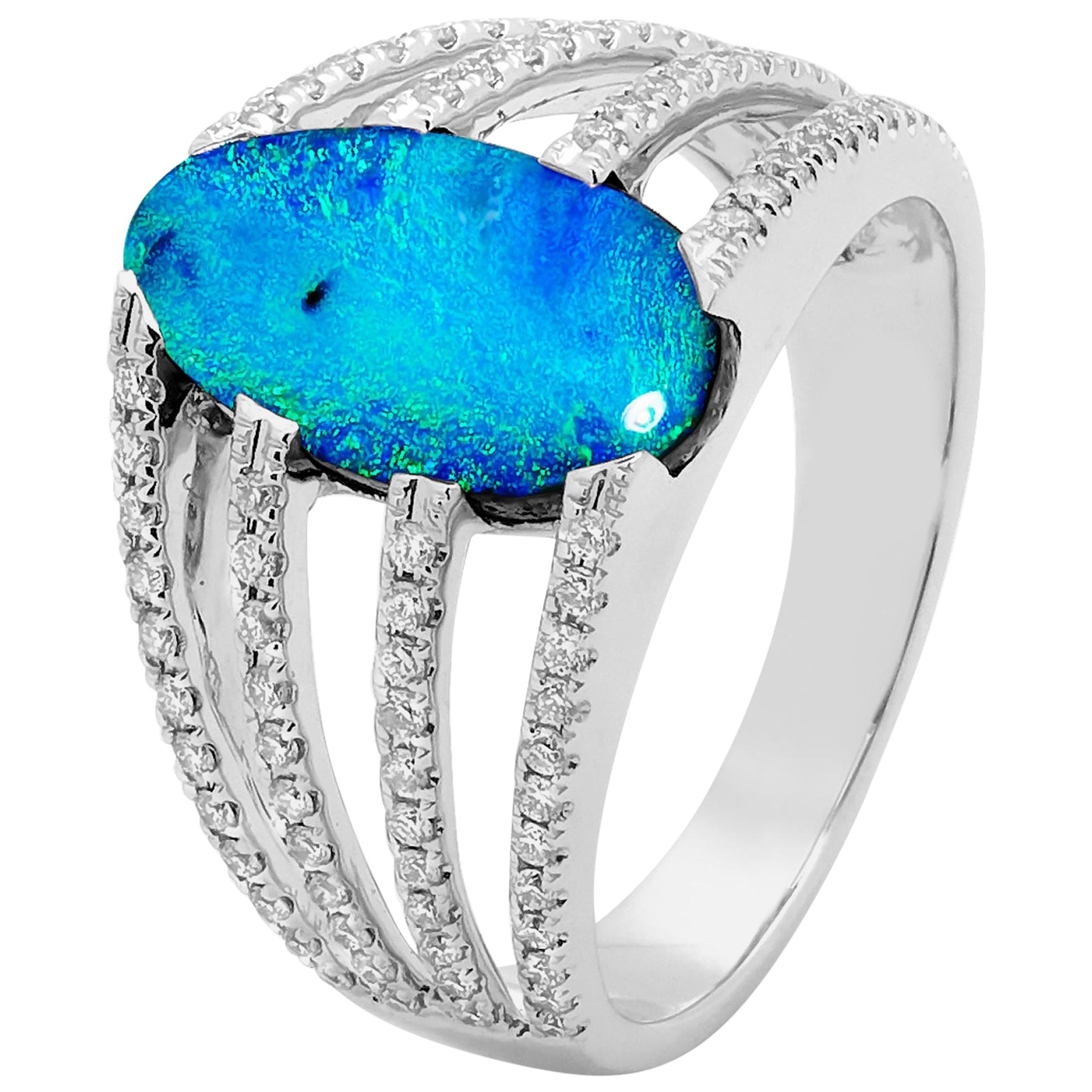 Natural Australian 2.77ct Boulder Opal/Diamonds Cocktail Ring in 18K White Gold For Sale