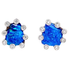 Natural Australian 2.15ct Boulder Opal/Diamond Stud Earrings in 18K White Gold Natural Australian 2.15ct Boulder Opal/Diamond Stud Earrings in 18K White Gold
