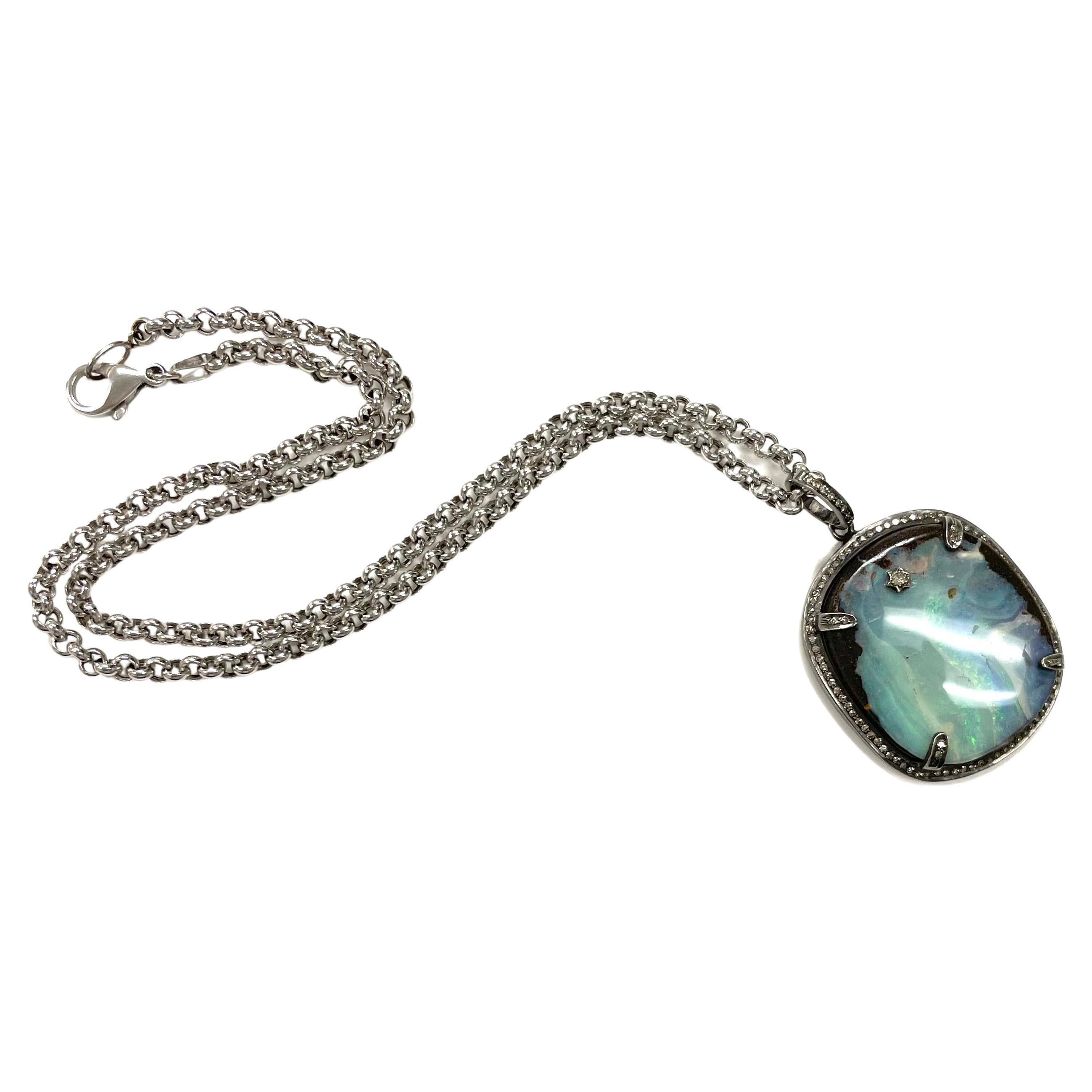 Australian Boulder Opal and Diamonds Pendant Necklace For Sale 5