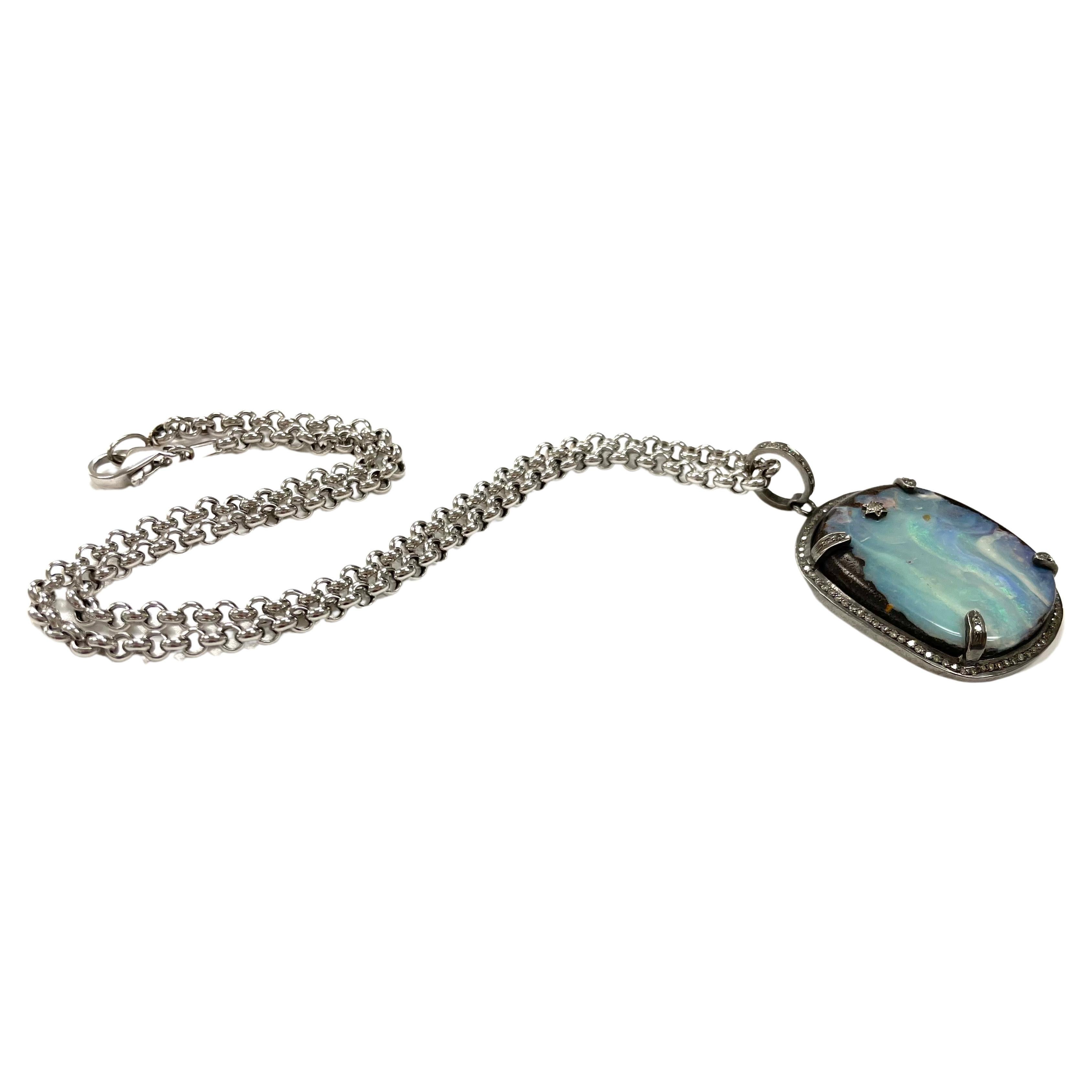Australian Boulder Opal and Diamonds Pendant Necklace For Sale 7