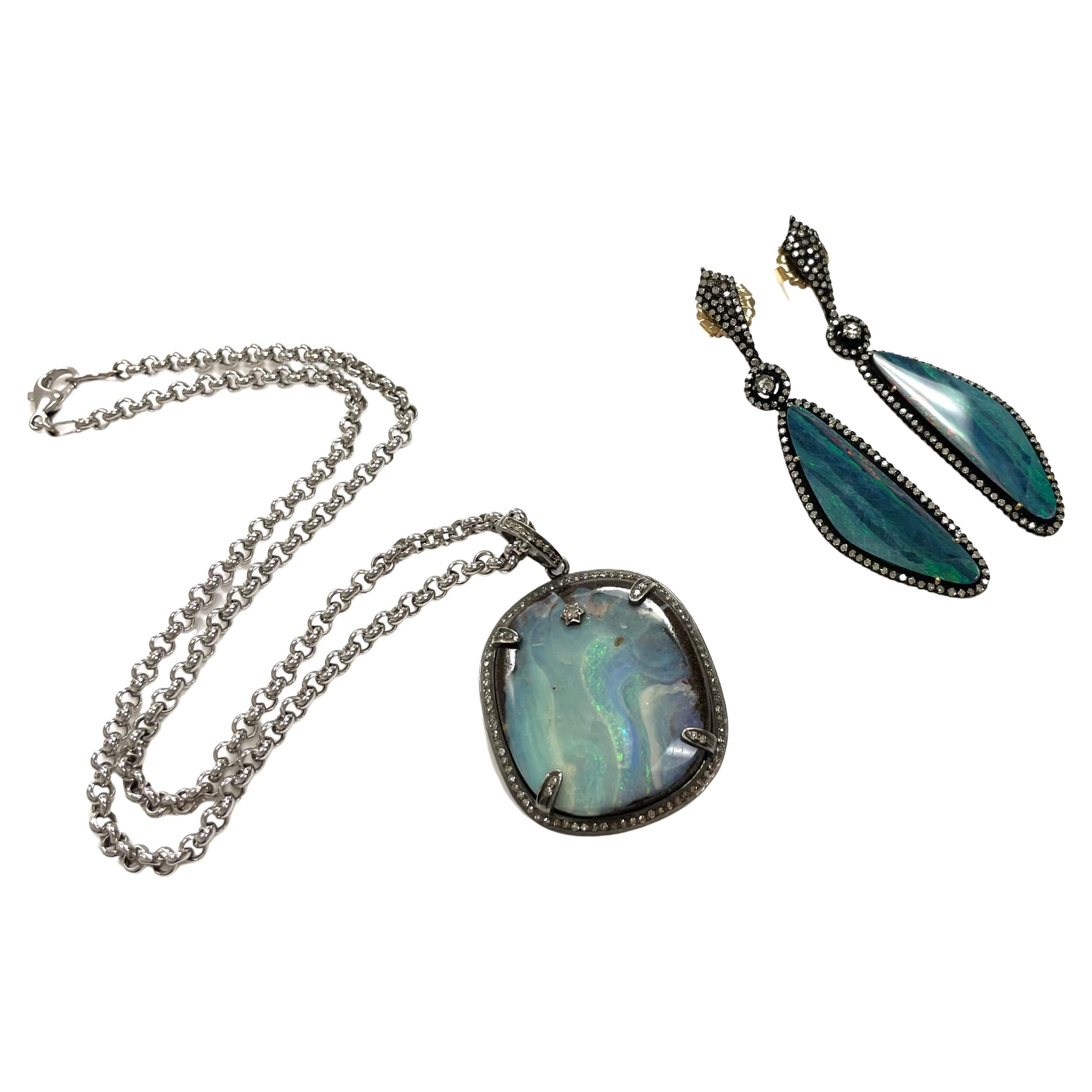 Modern Australian Boulder Opal and Diamonds Pendant Paradizia Necklace For Sale