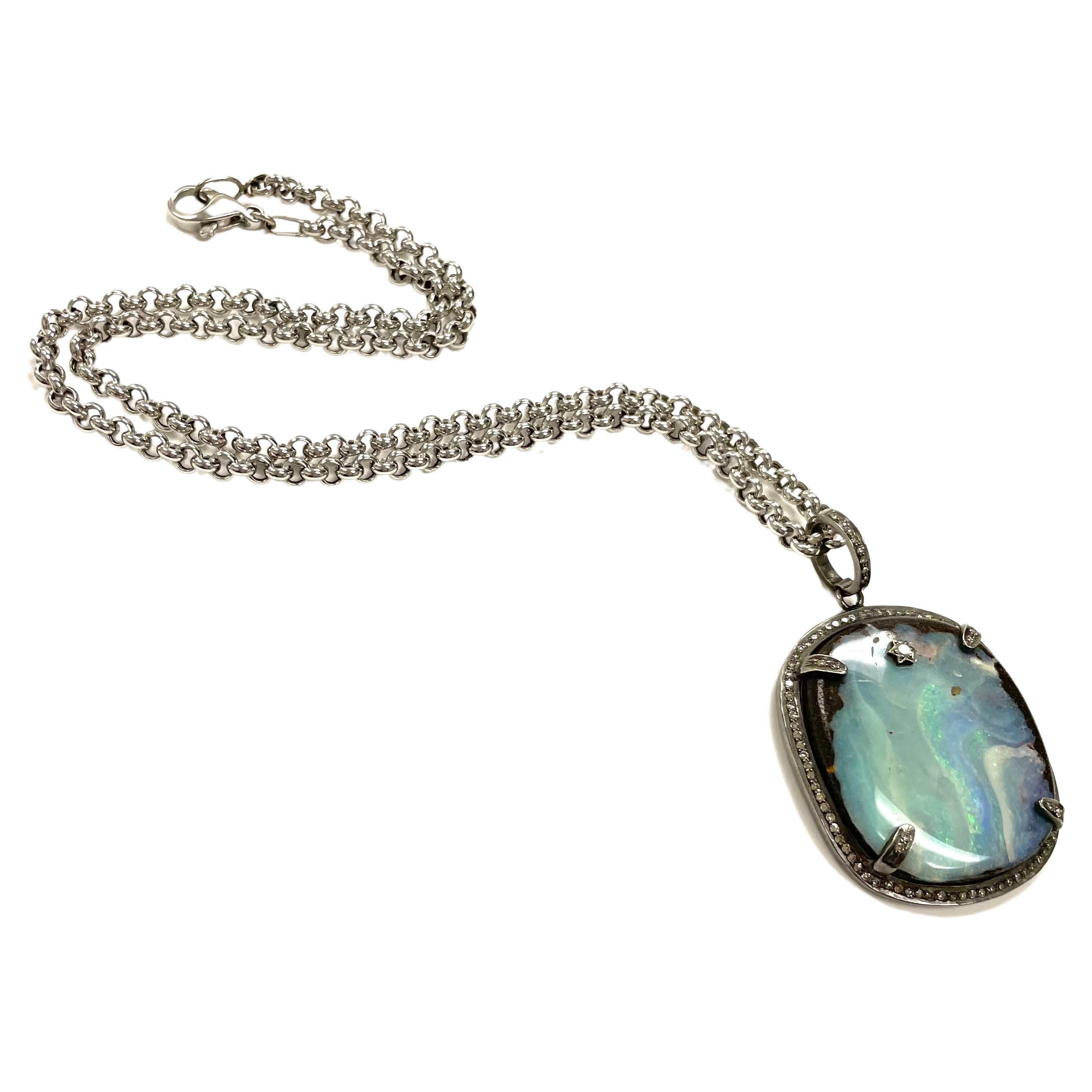 Australian Boulder Opal and Diamonds Pendant Paradizia Necklace In New Condition For Sale In Laguna Beach, CA