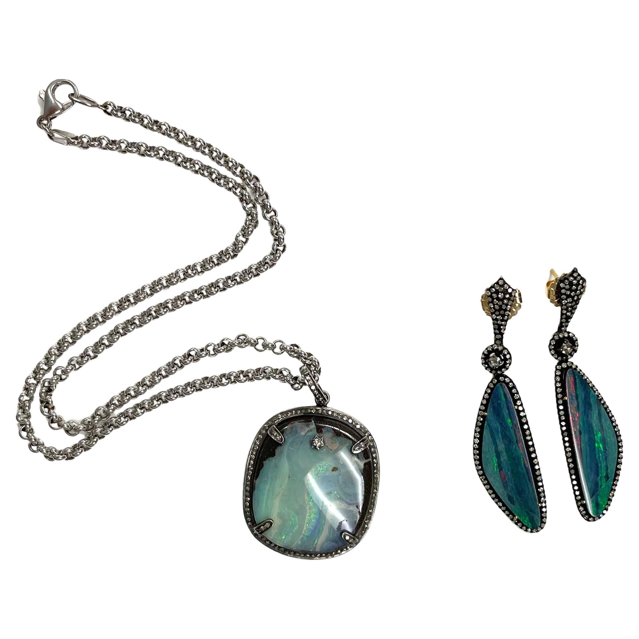 Women's Australian Boulder Opal and Diamonds Pendant Paradizia Necklace For Sale