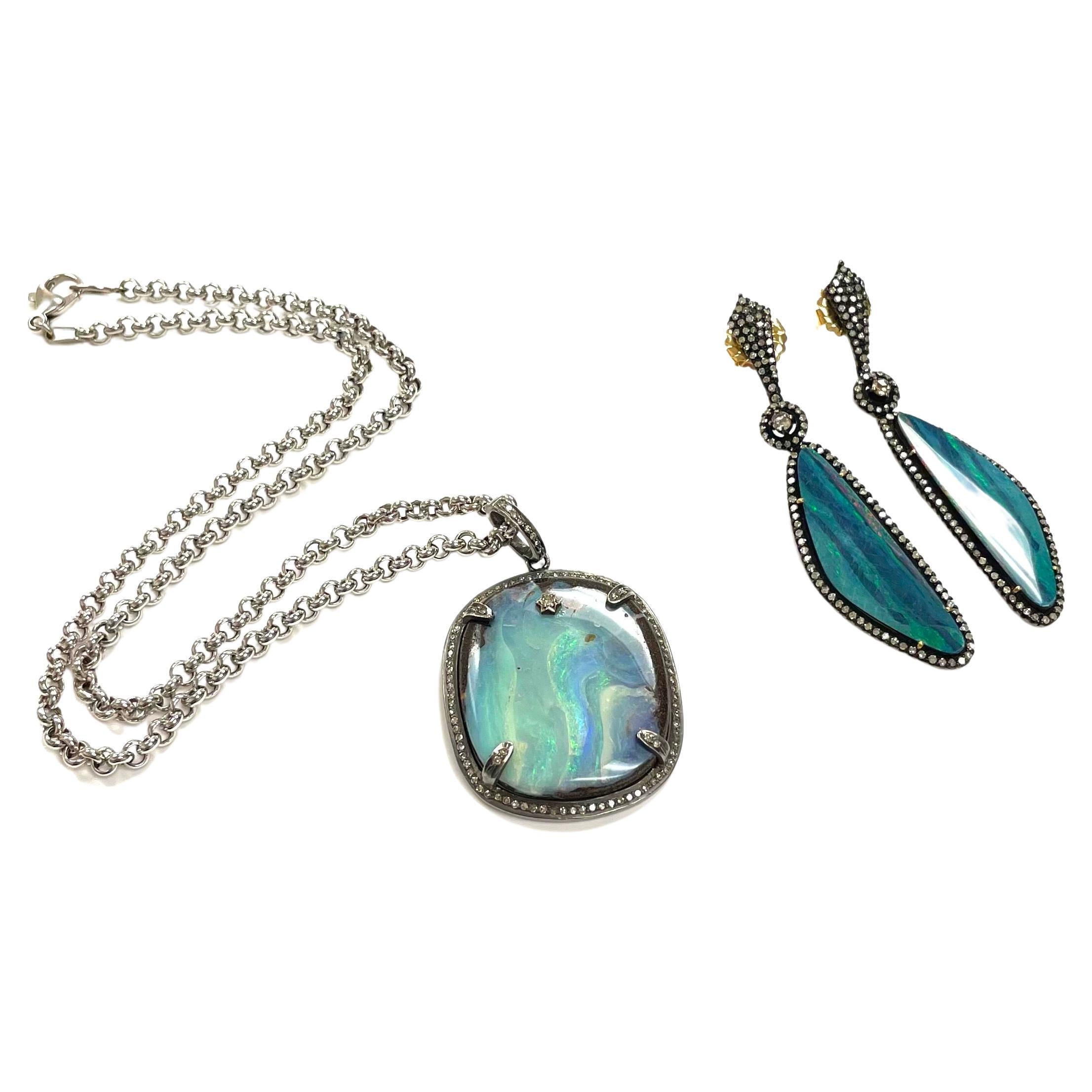 Australian Boulder Opal and Diamonds Pendant Paradizia Necklace For Sale 1