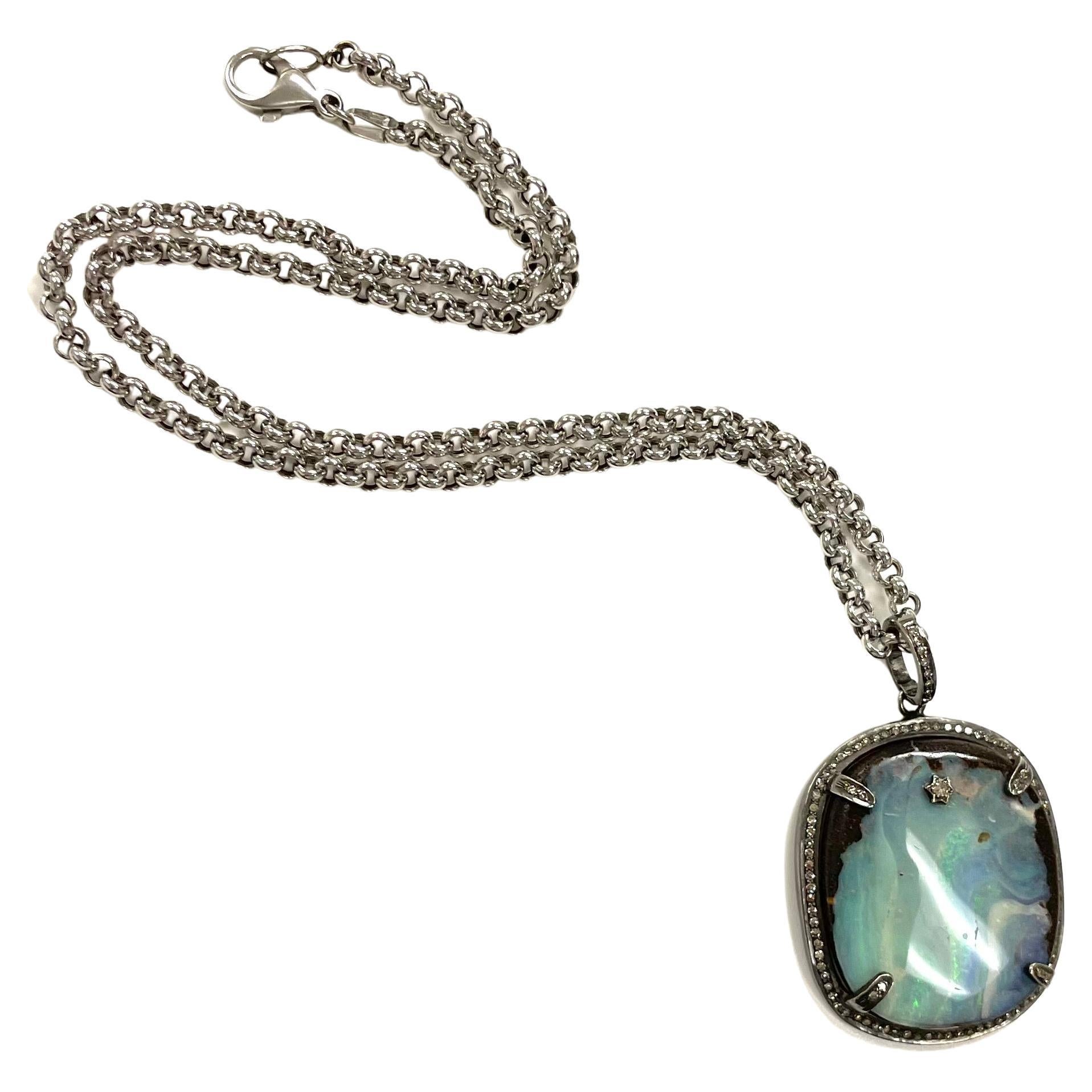 Australian Boulder Opal and Diamonds Pendant Paradizia Necklace For Sale 2