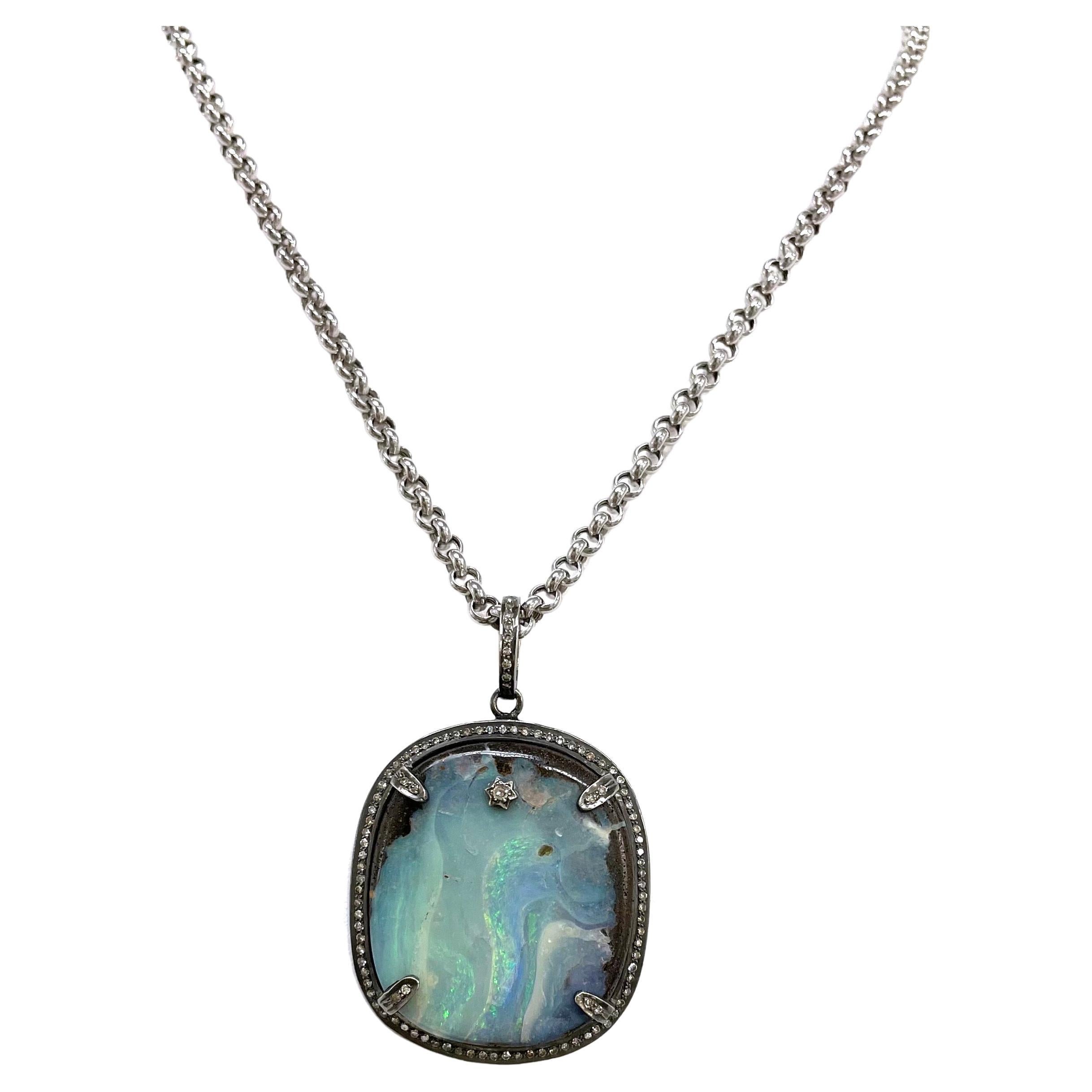 Australian Boulder Opal and Diamonds Pendant Paradizia Necklace For Sale 3