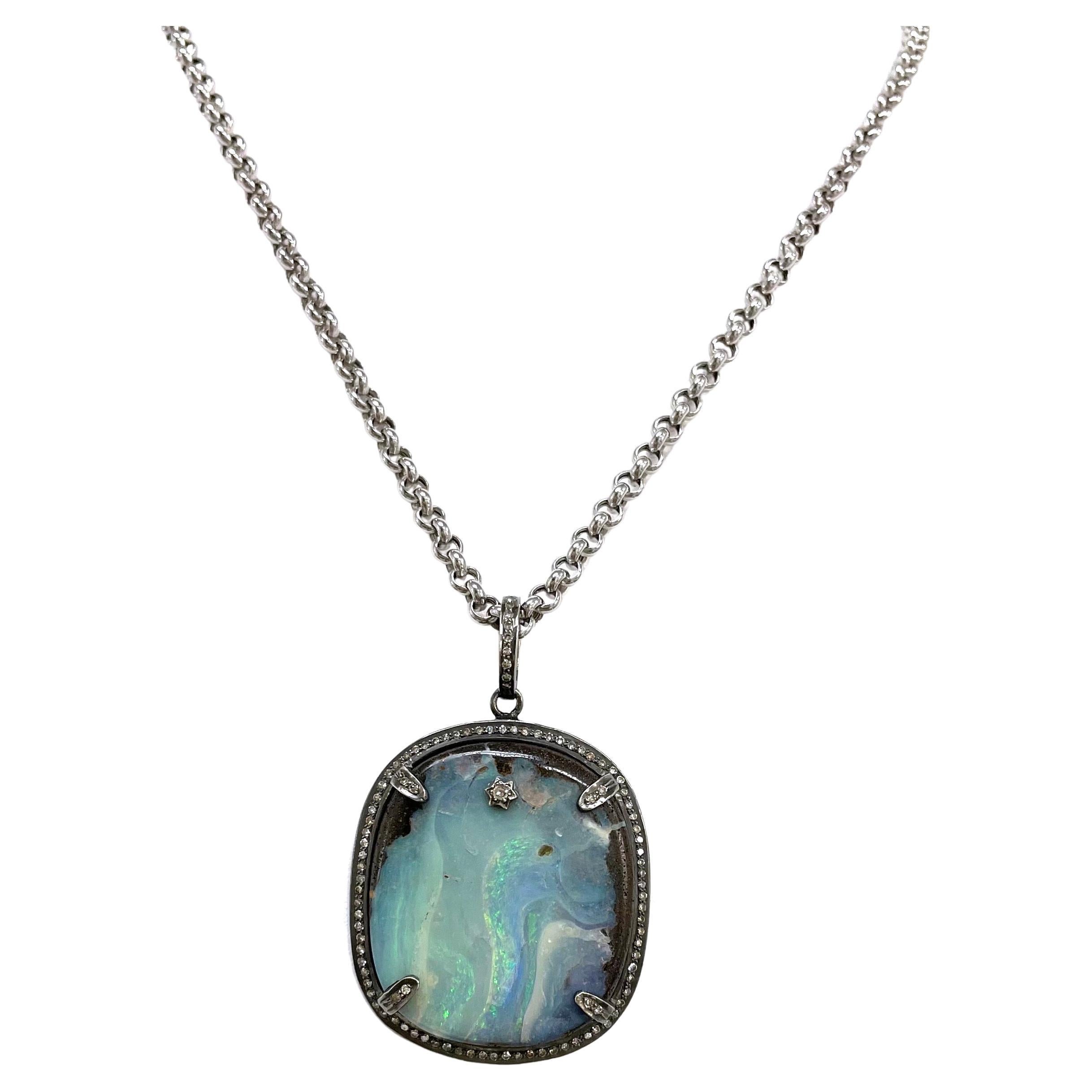 Australian Boulder Opal and Diamonds Pendant Necklace For Sale 3