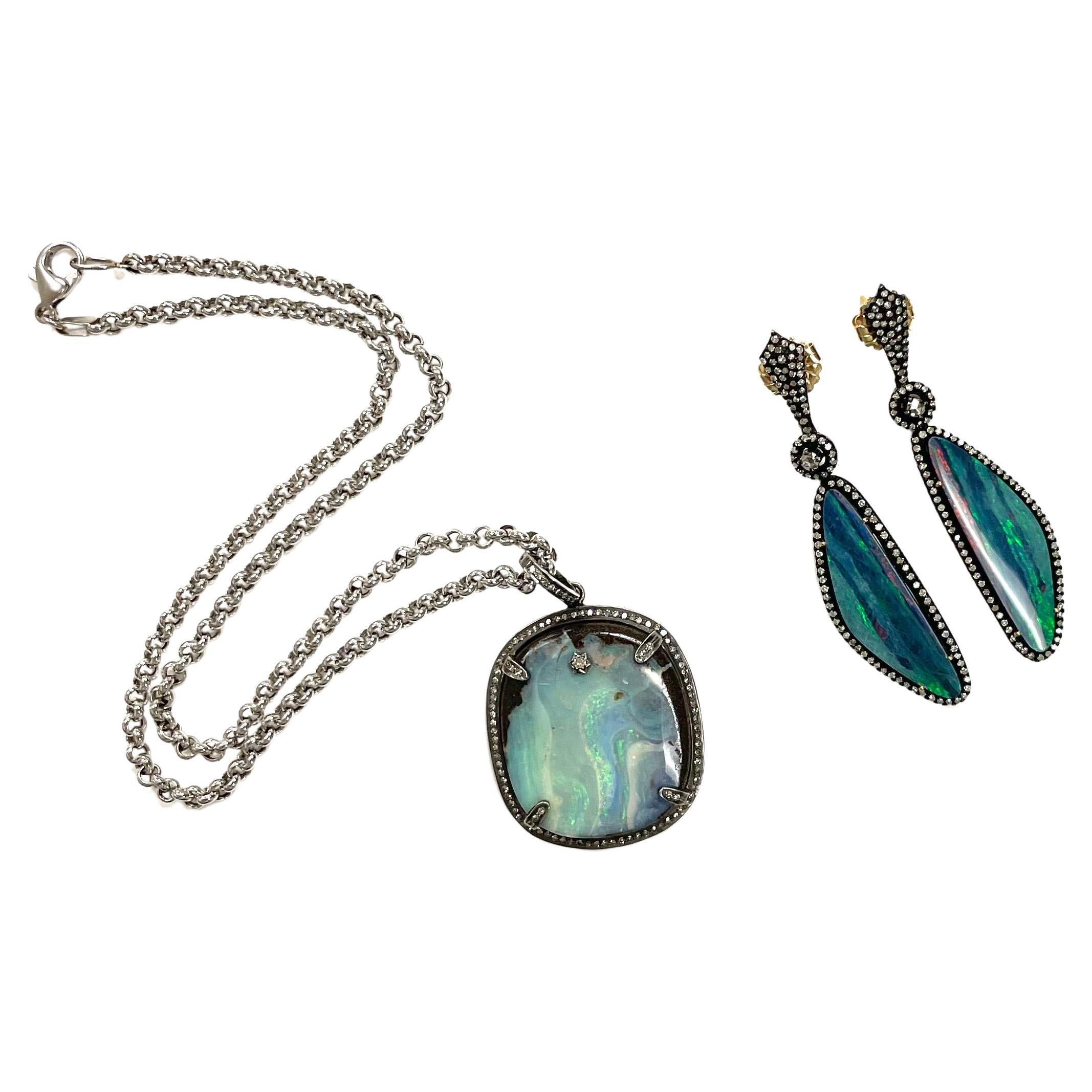 Australian Boulder Opal and Diamonds Pendant Necklace For Sale 4