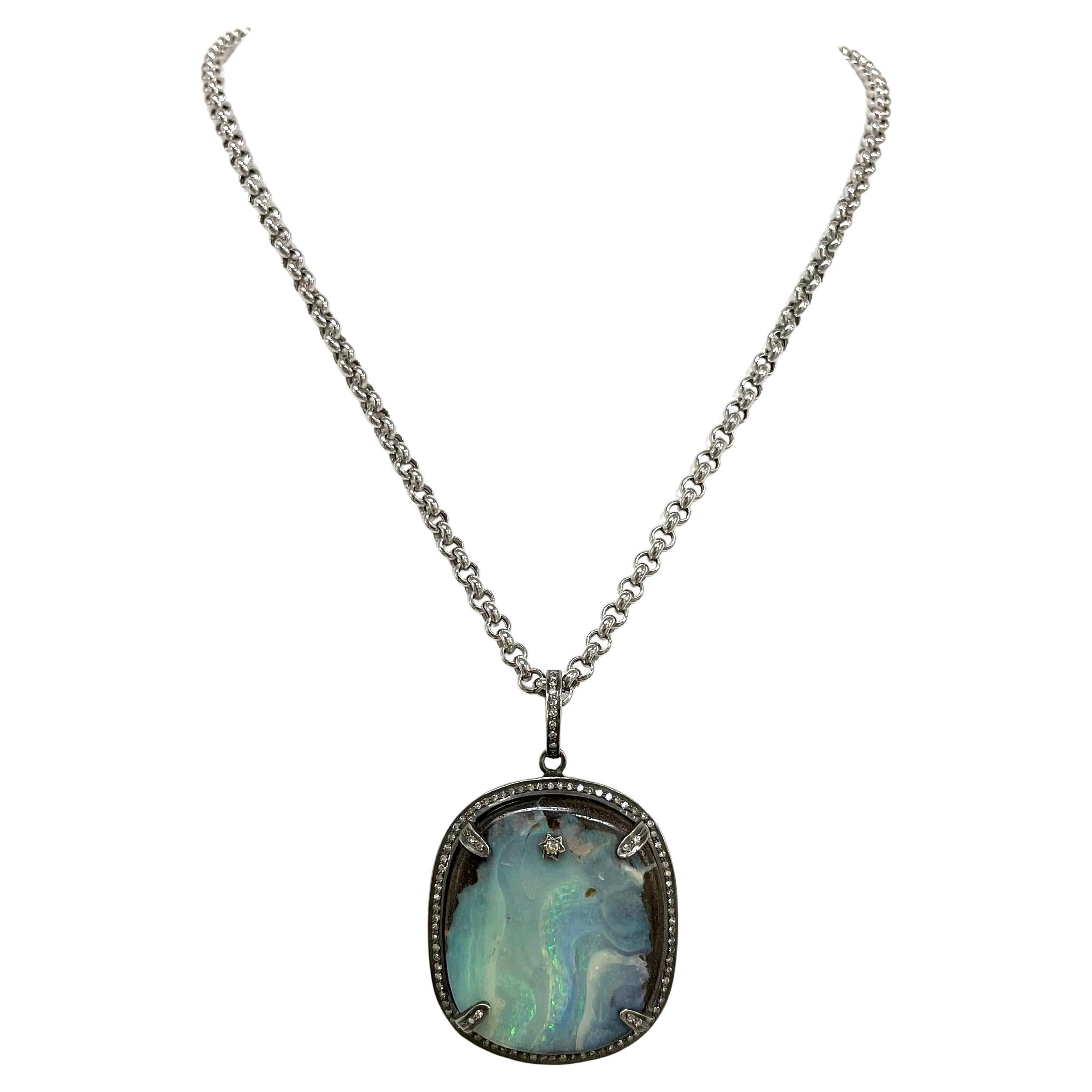 Australian Boulder Opal and Diamonds Pendant Necklace