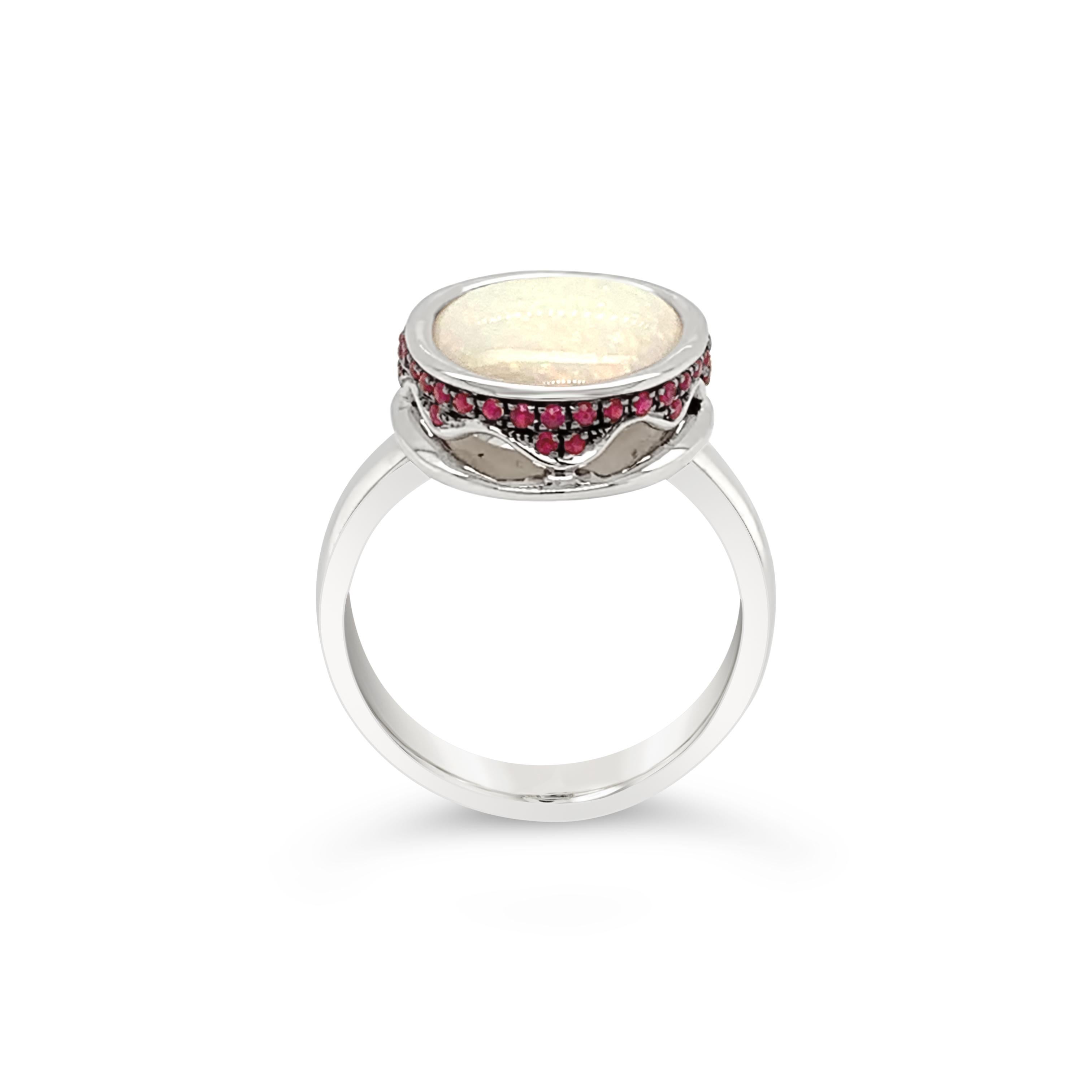 Cabochon Natural Australian 5.08ct Light Boulder Opal/Rubies Ring in 18K White Gold For Sale