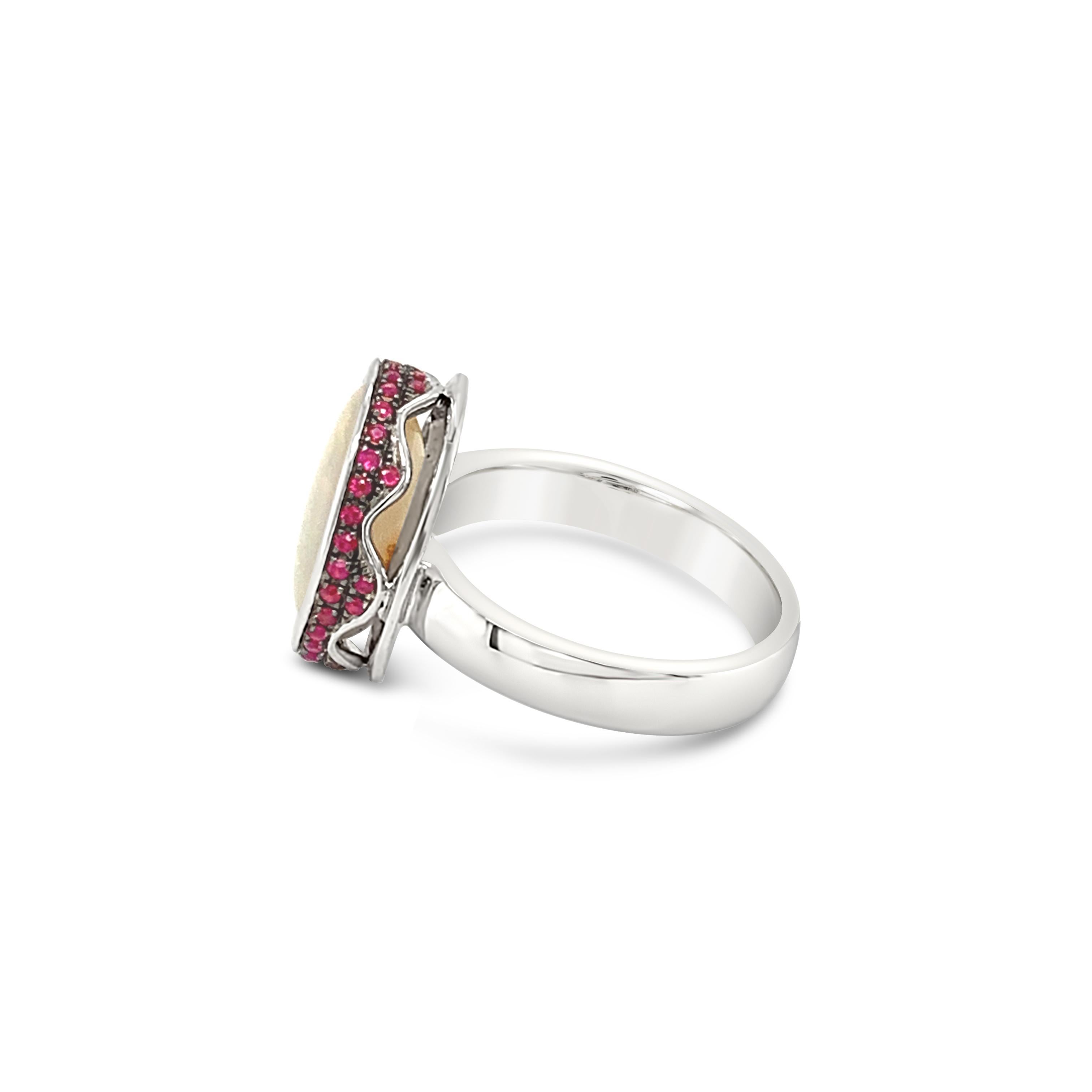 Natural Australian 5.08ct Light Boulder Opal/Rubies Ring in 18K White Gold In New Condition For Sale In Sydney, AU