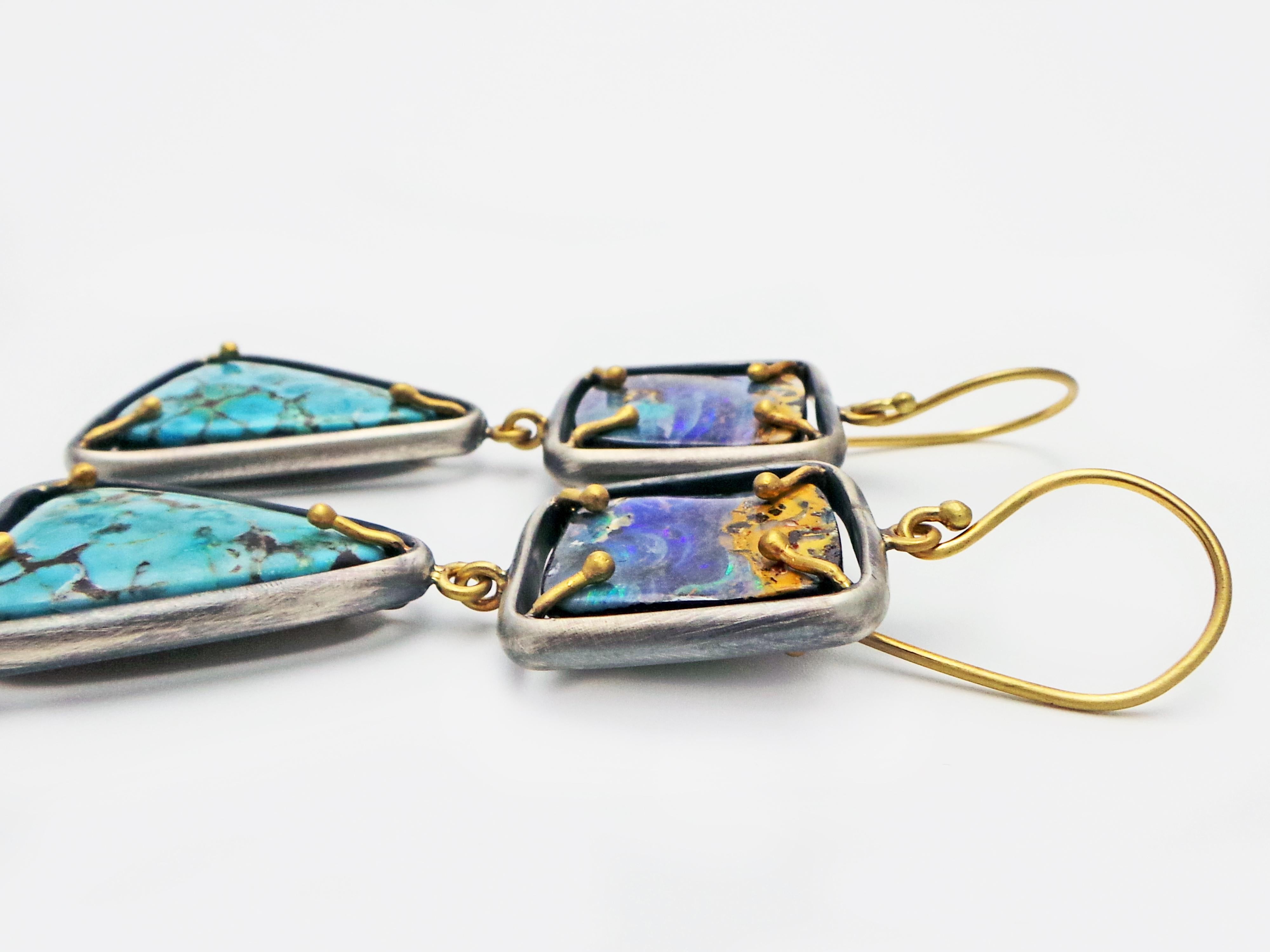 Contemporary Australian Boulder Opal, Turquoise, Silver and 18 Karat Gold Dangle Earrings For Sale