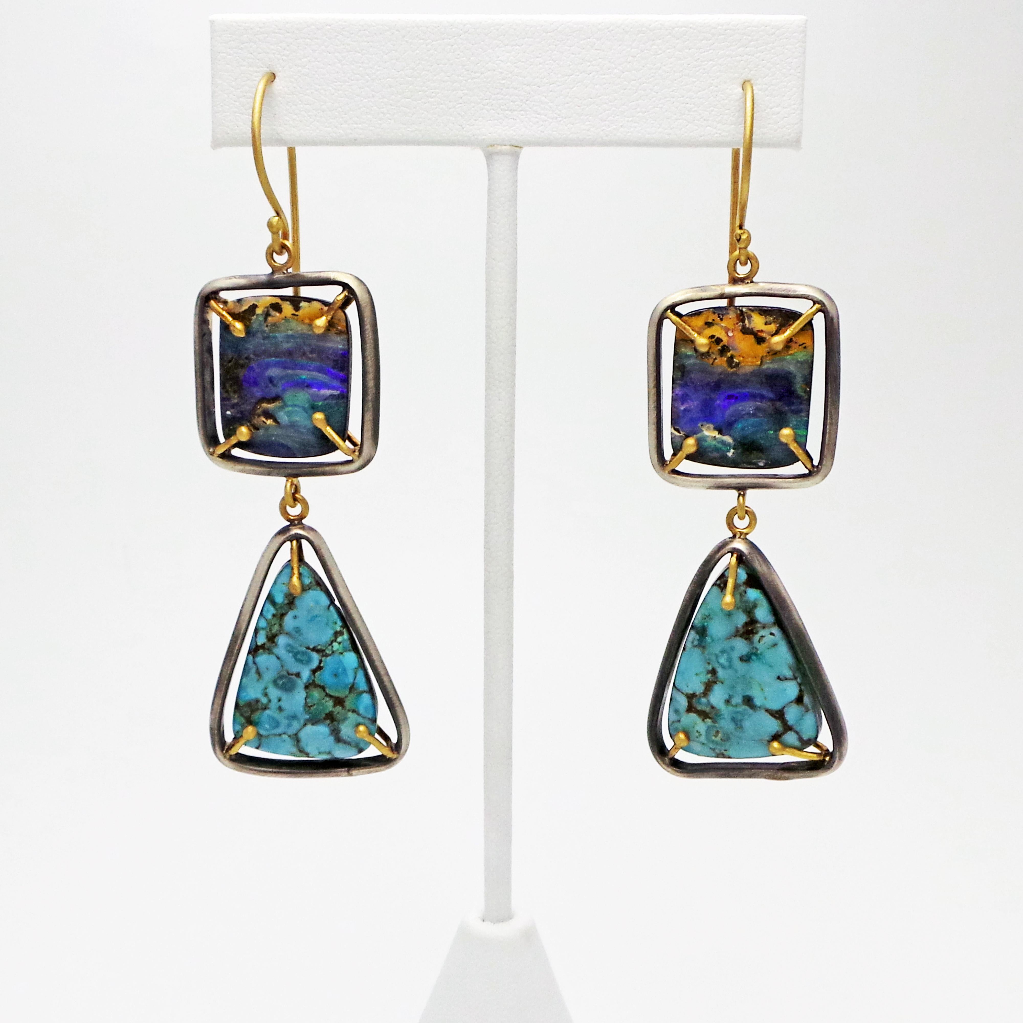 Stunning Australian Boulder Opal and Carico Lake turquoise (from the closed mine in Nevada, USA) set in hand-fabricated, oxidized sterling silver with 18k yellow gold accent prongs and French wire two-tone dangle earrings. One-of-a-kind, unique pair