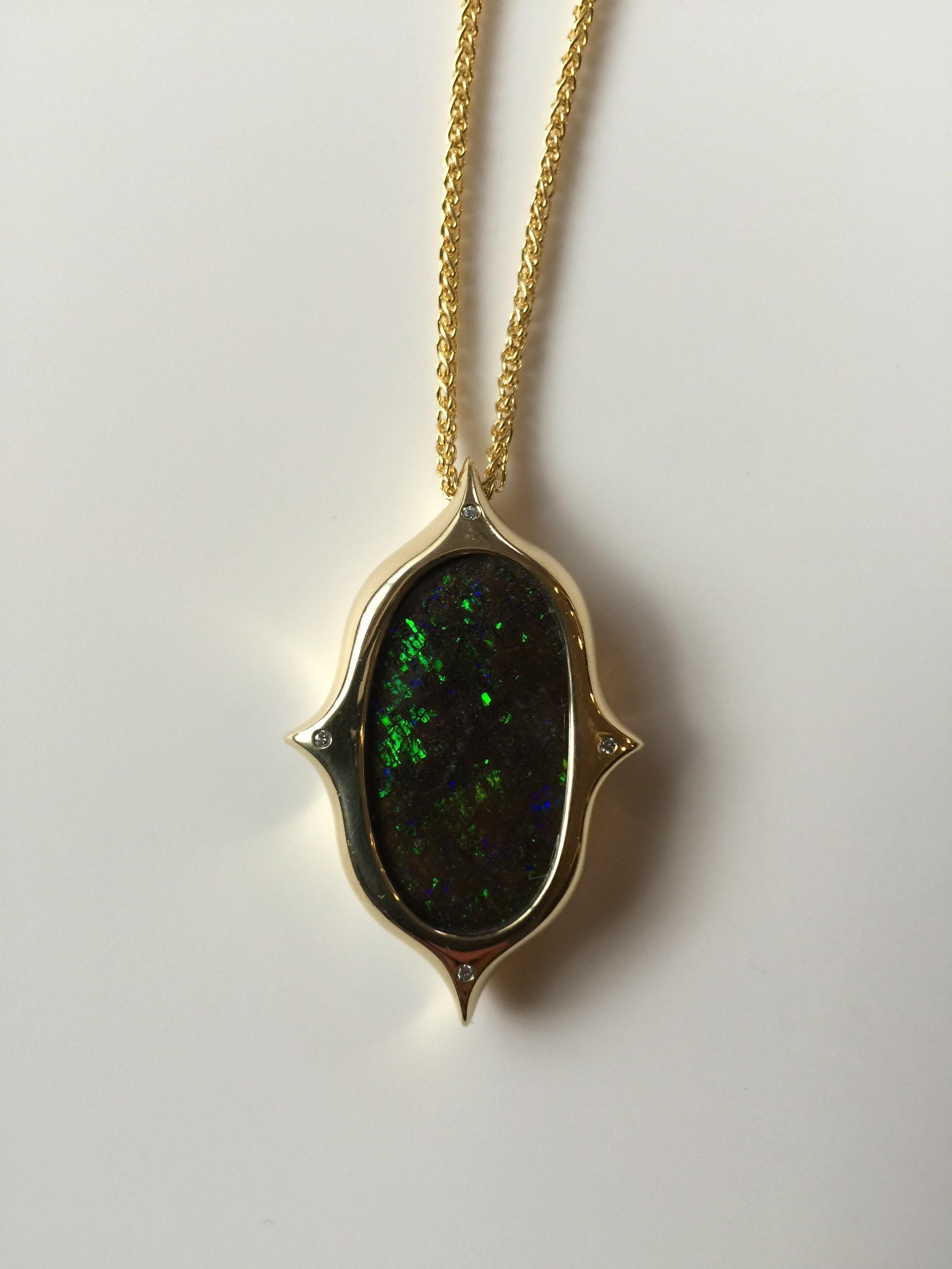 Australian Boulder Opal, Diamond and 18 Karat Gold Pendant Necklace In New Condition For Sale In Berkeley, CA