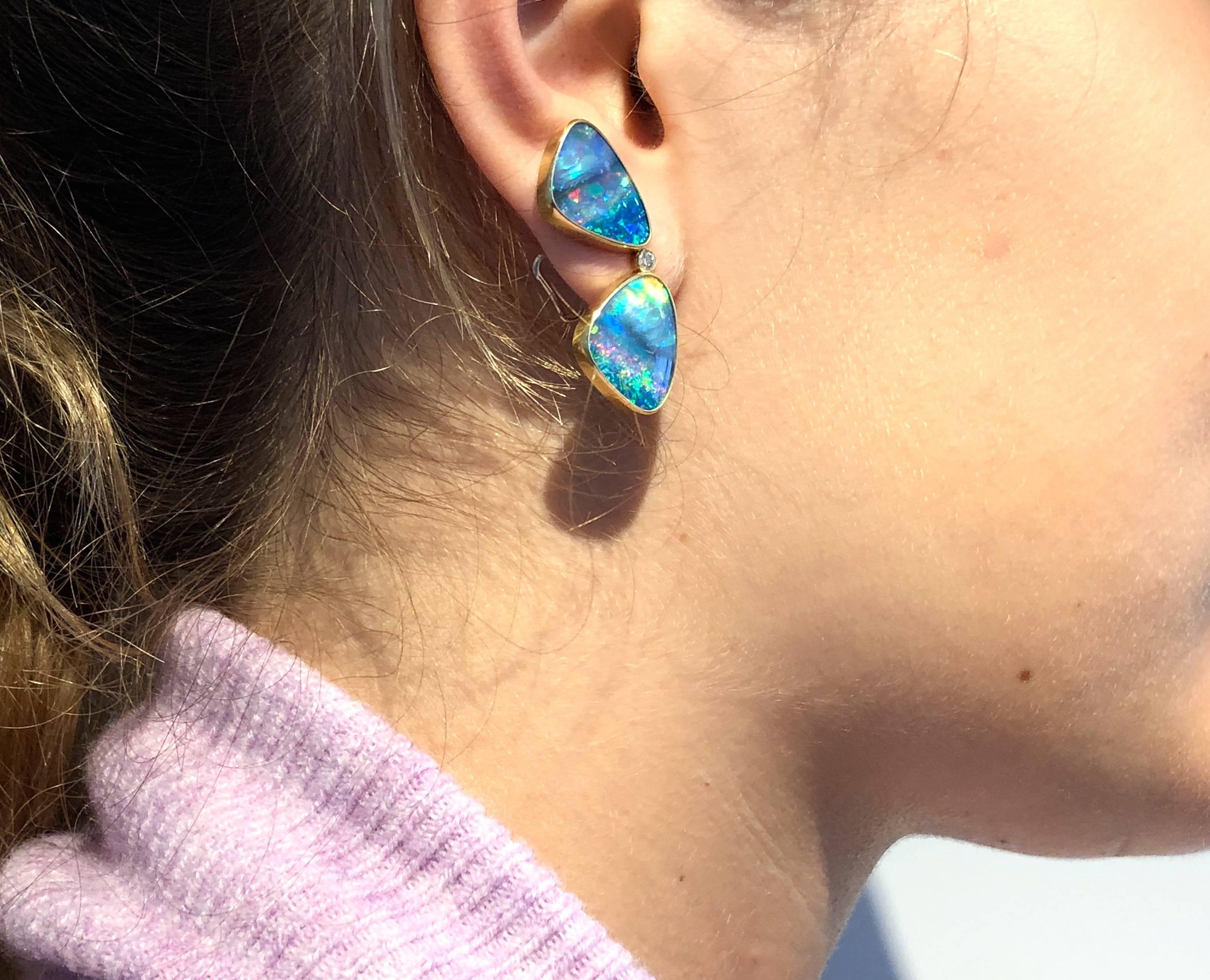 Australian Boulder Opal Diamond Gold Butterfly Earrings In Excellent Condition In Nantucket, MA