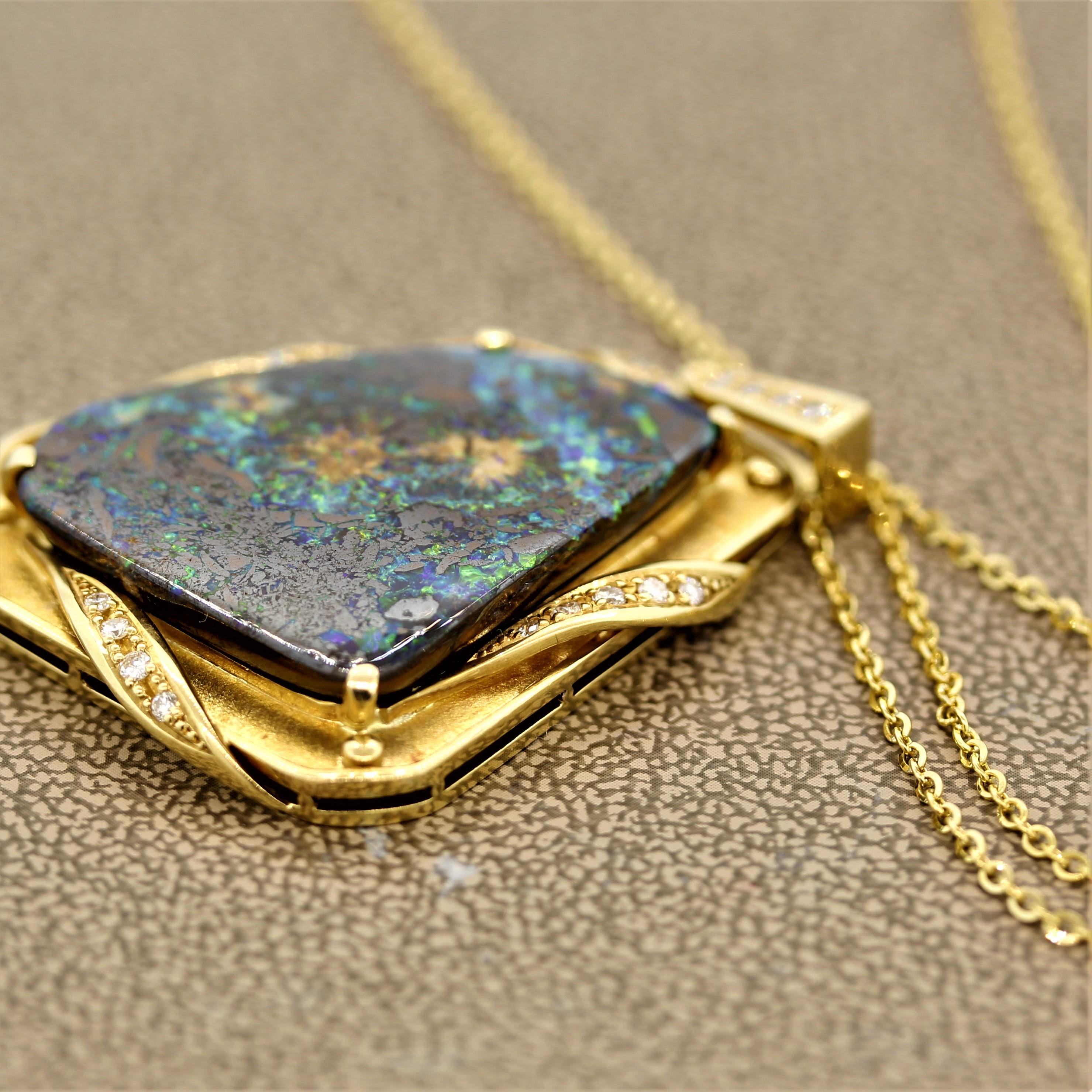 Mixed Cut Australian Boulder-Opal Diamond Gold Pendant