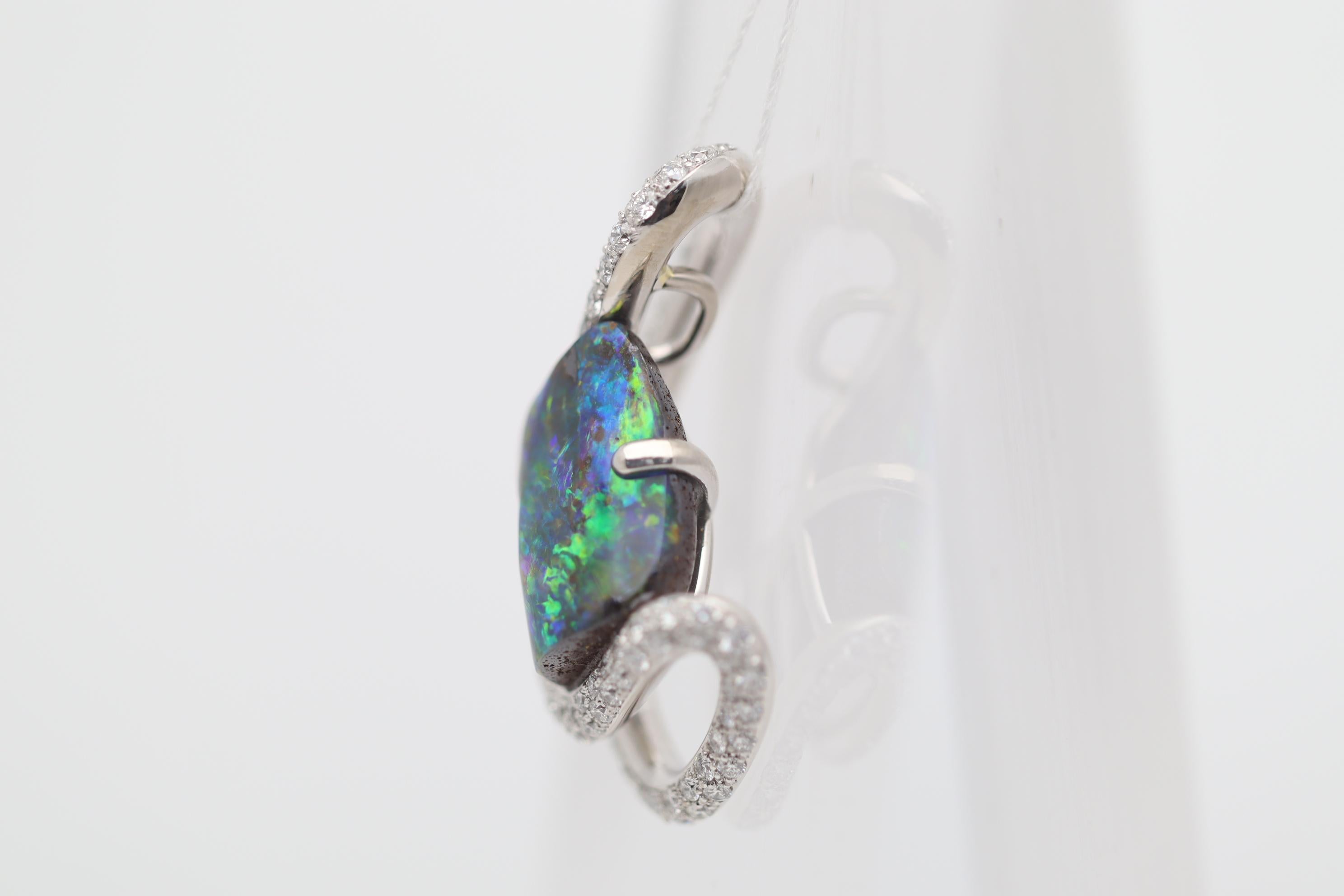 Uncut Australian Boulder Opal Diamond Gold Pendant For Sale