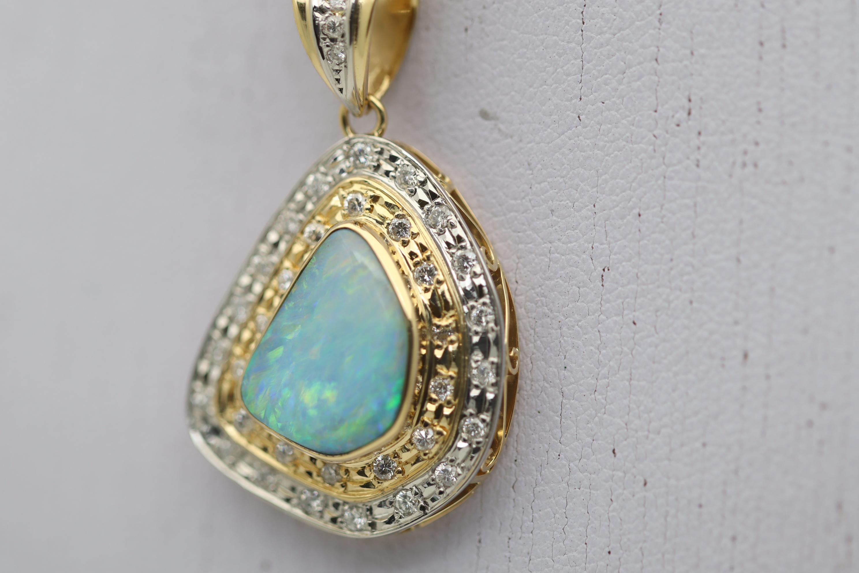 Australian Boulder Opal Diamond Gold & Platinum Pendant In New Condition For Sale In Beverly Hills, CA