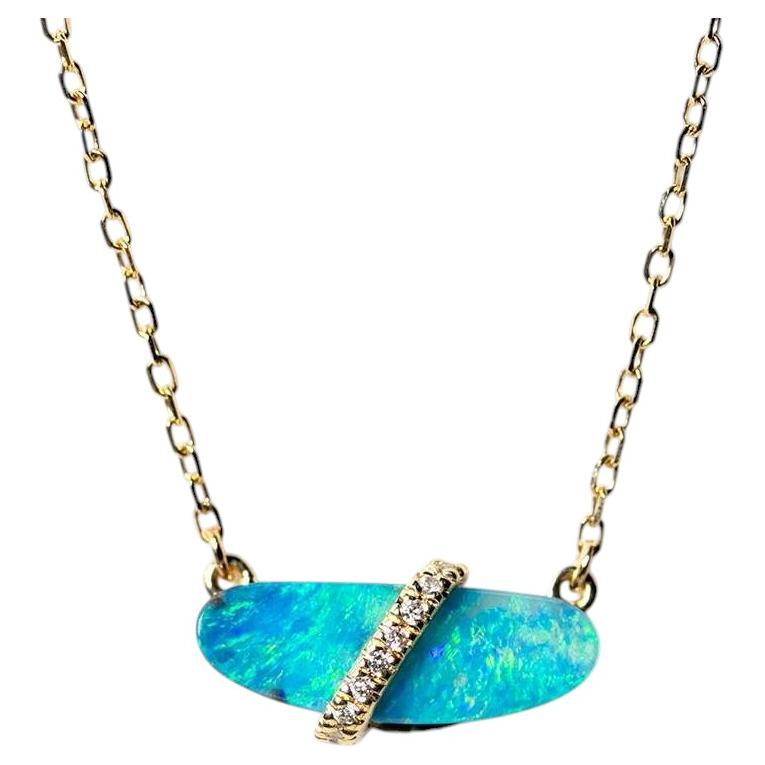 Australian Boulder Opal & Diamond Necklace 14K Yellow Gold For Sale
