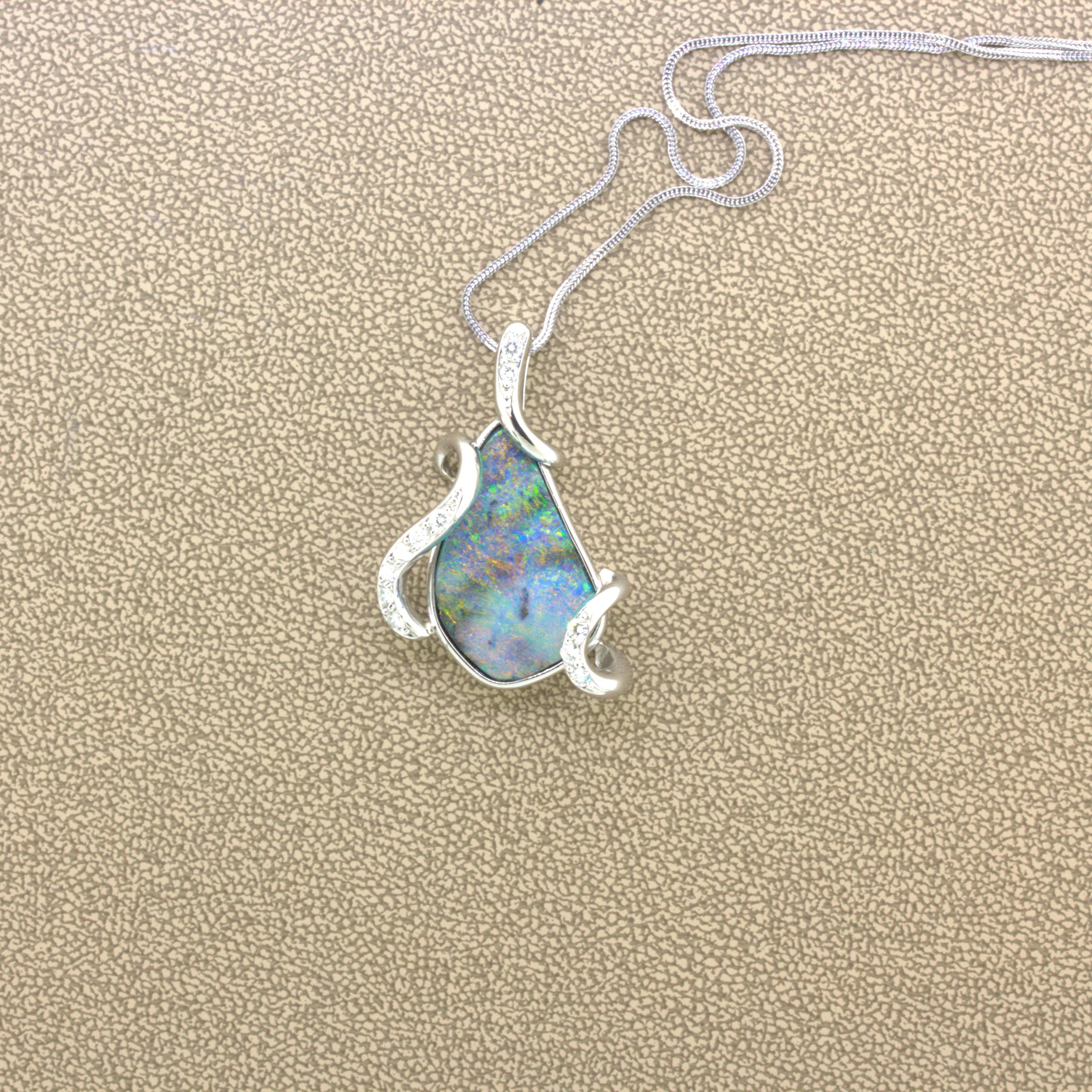 Australian Boulder Opal Diamond Platinum Pendant In New Condition For Sale In Beverly Hills, CA