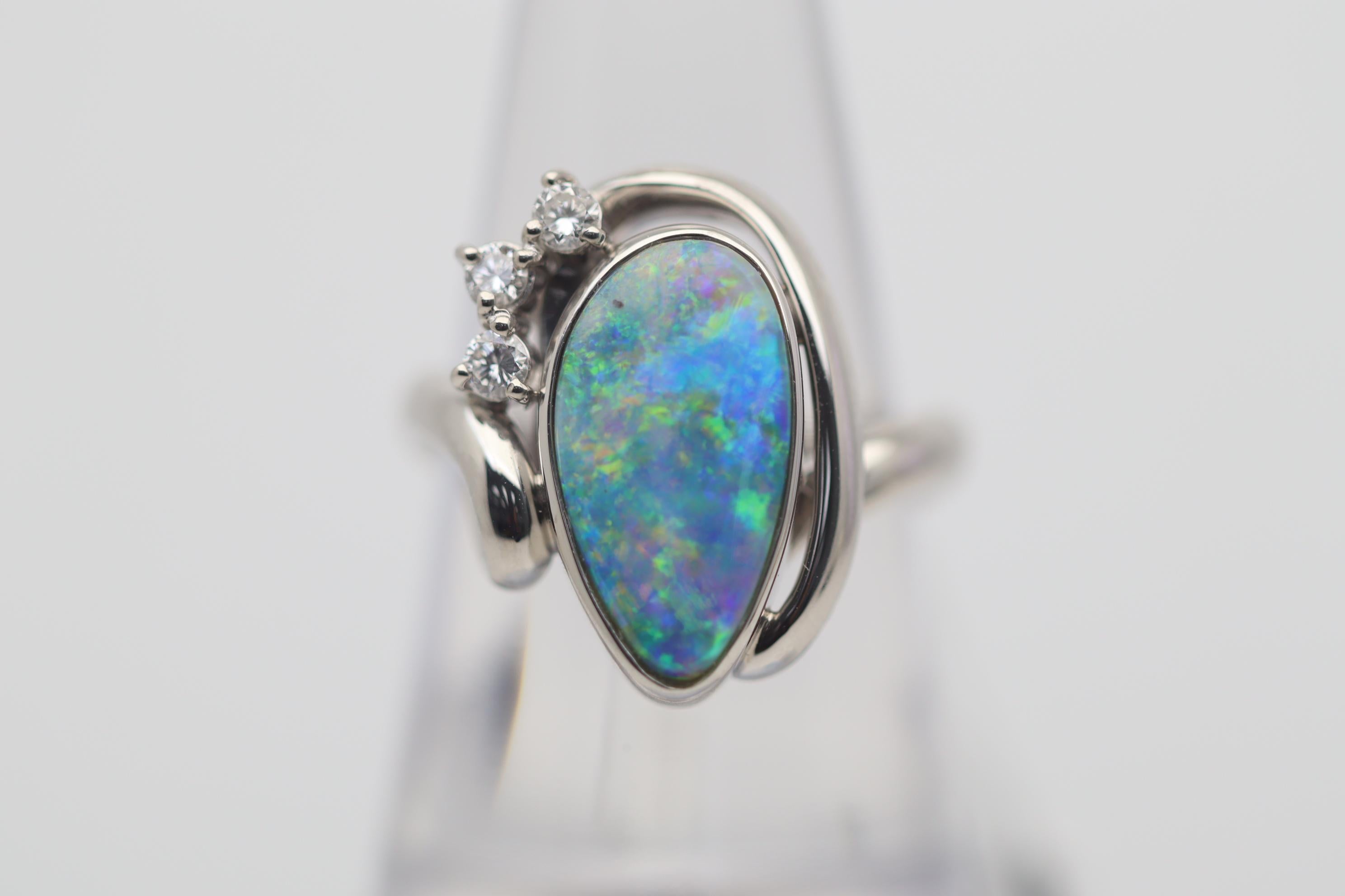 Cabochon Australian Boulder Opal Diamond Platinum Ring For Sale