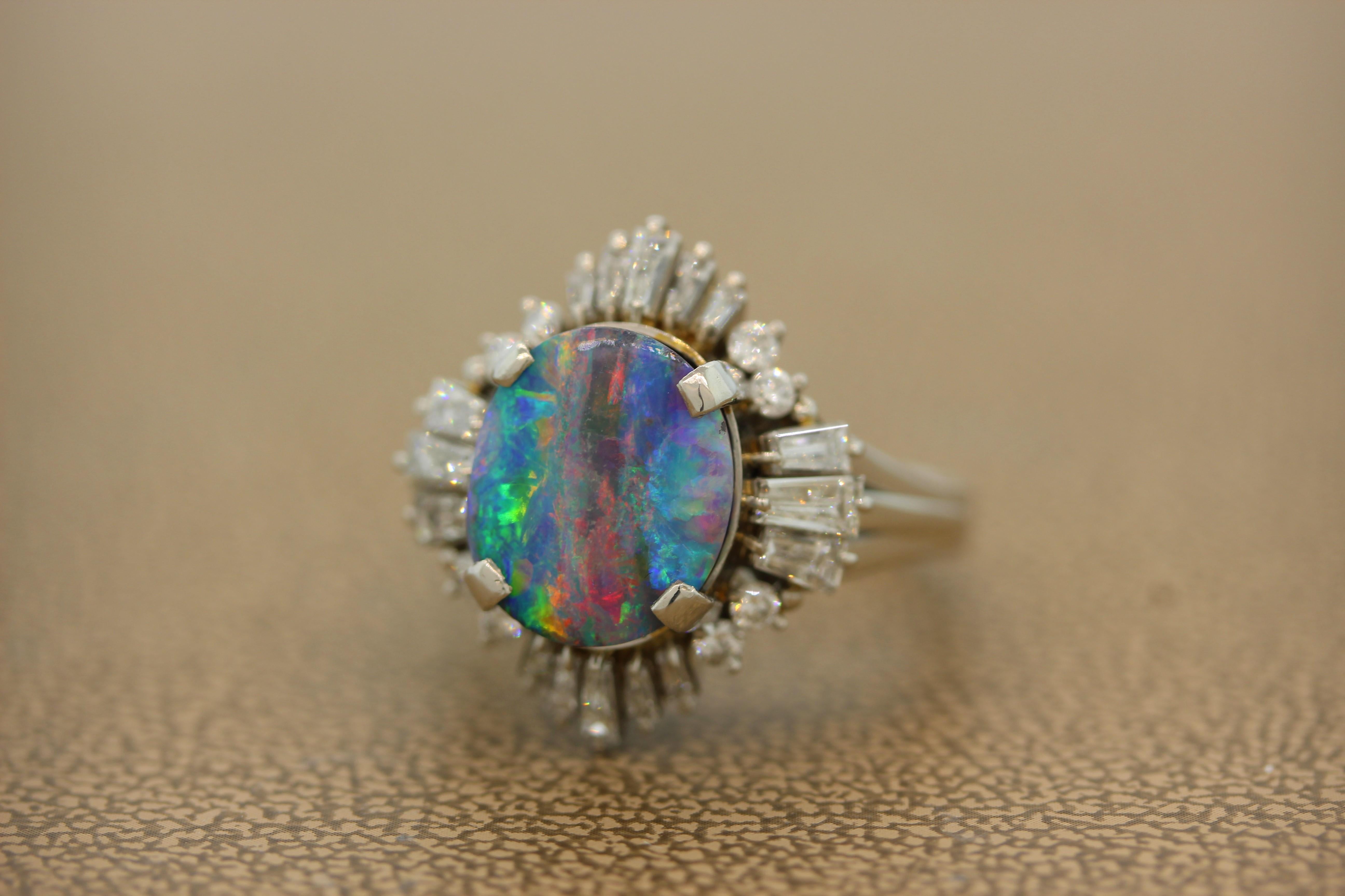 Australian Boulder Opal Diamond Platinum Ring In Excellent Condition In Beverly Hills, CA