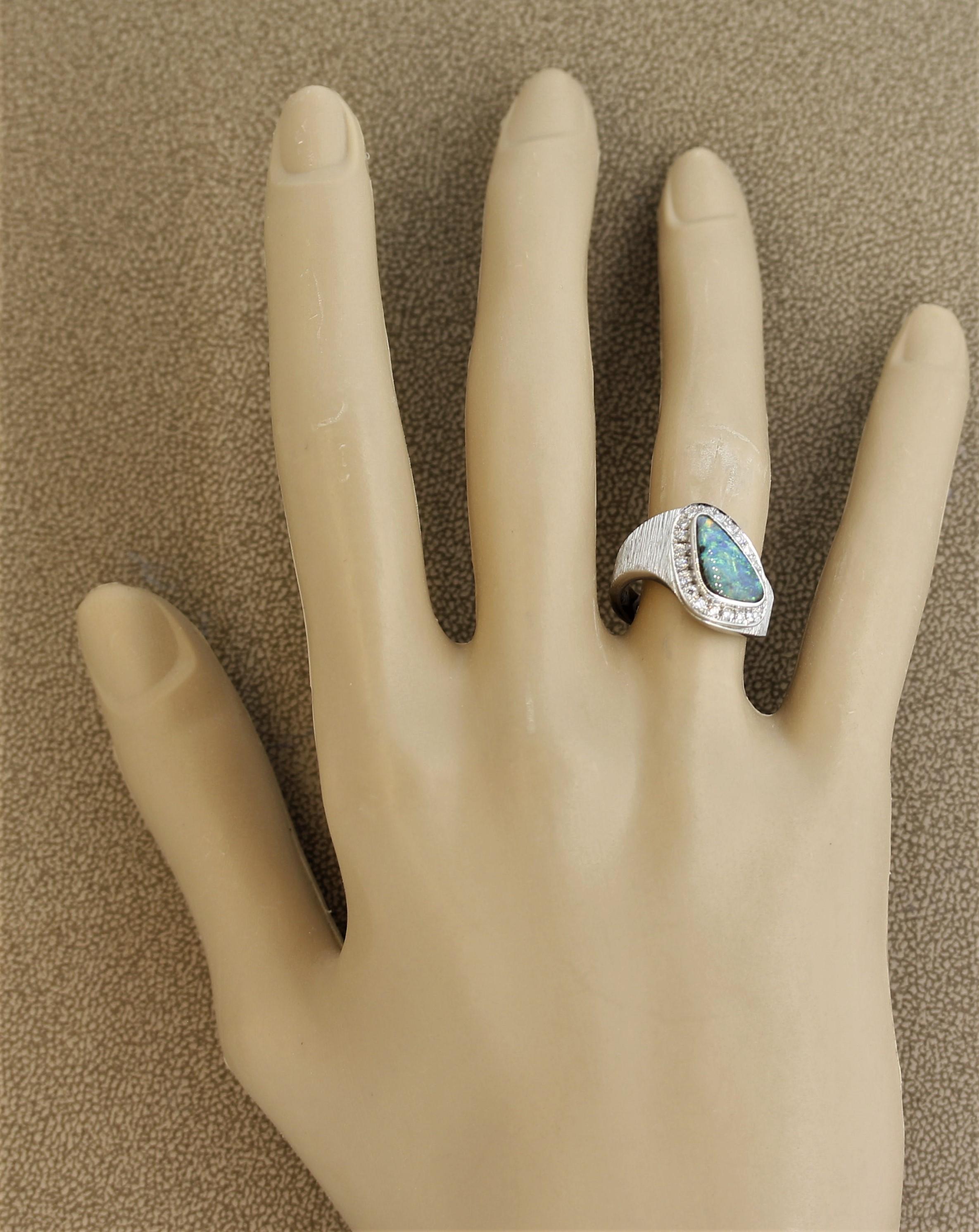 Australian Boulder Opal Diamond Platinum Ring For Sale 2