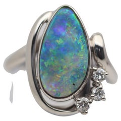 Bague en platine avec opale de roche et diamant d'Australie