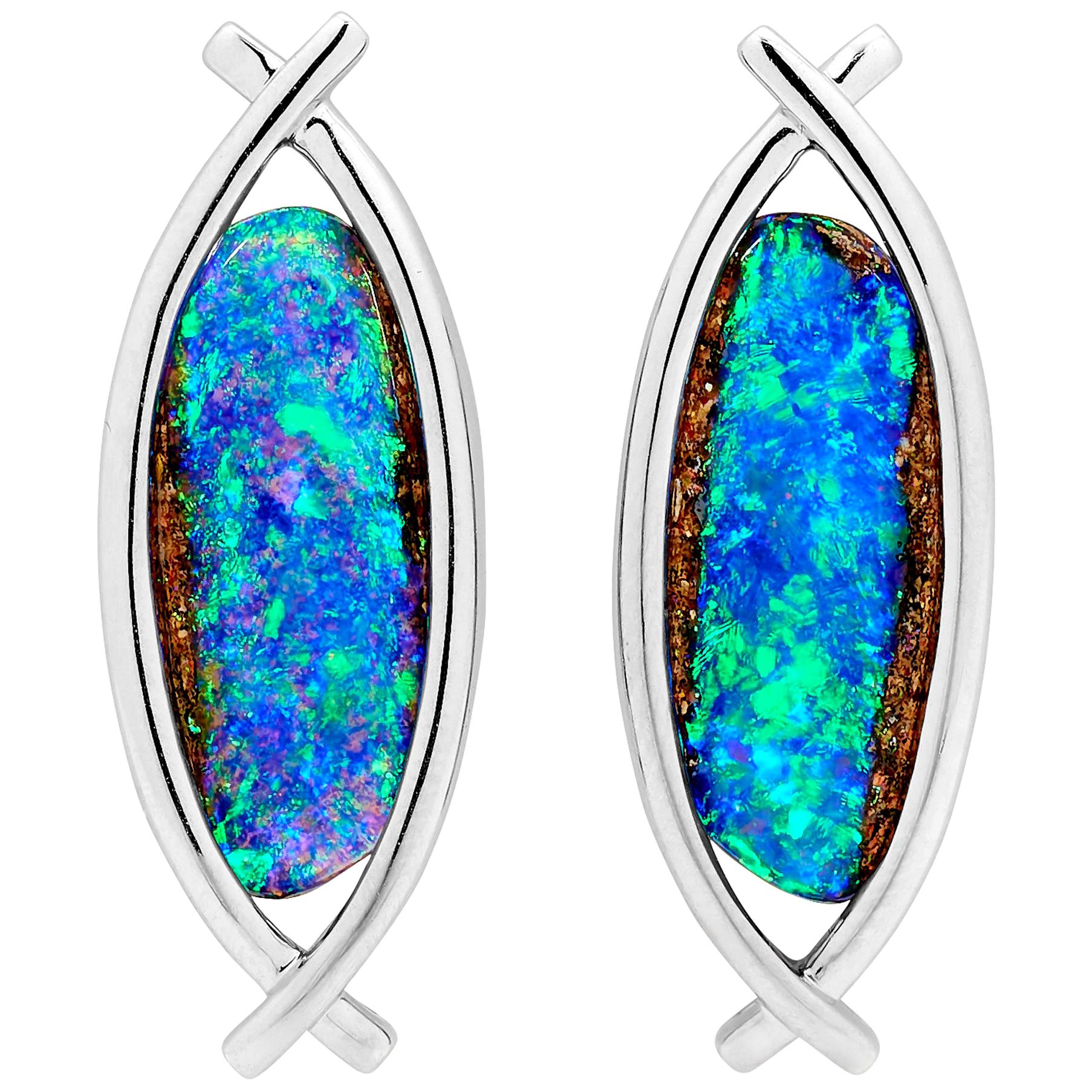 Natural Untreated Australian 10.87ct Boulder Opal Dangle Earrings 18K White Gold For Sale