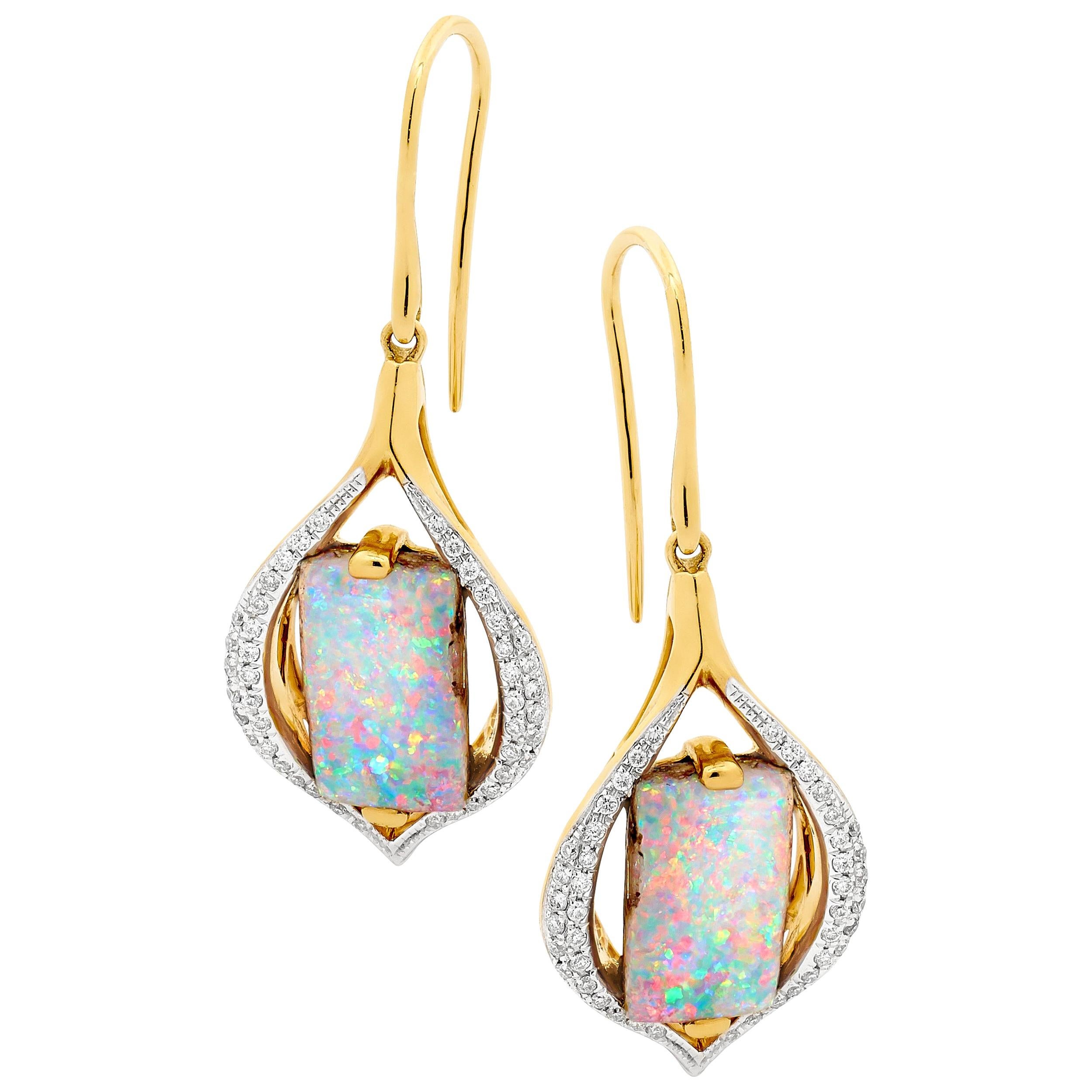 Natural Australian 7.26ct Boulder Opal Dangle Earrings in 18K Yellow Gold