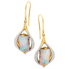 Natural Australian 7.26ct Boulder Opal Diamonds Dangle Earrings 18K Yellow Gold