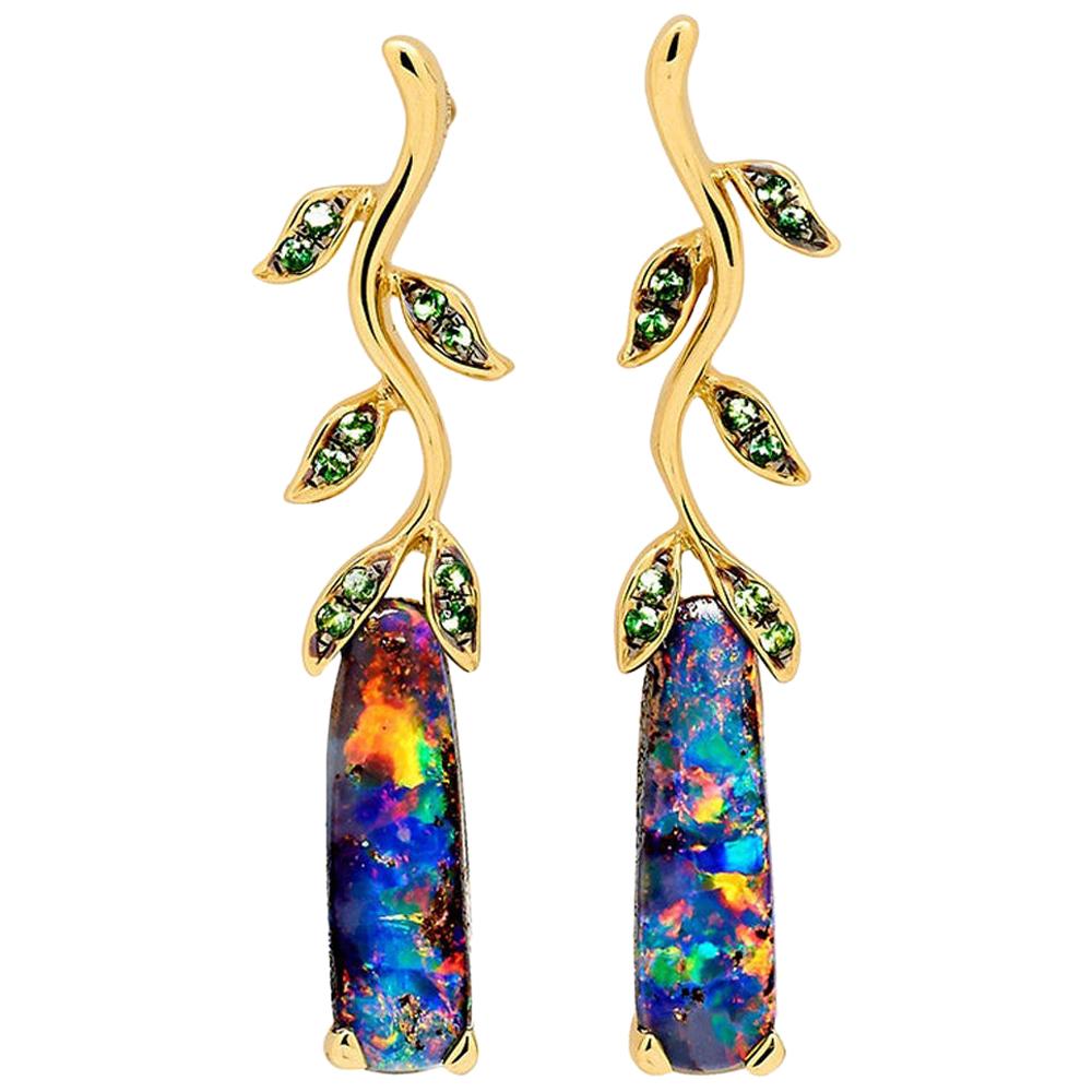 Natural Australian 2.42ct Boulder Opal/Garnet Dangle Earrings 18K Yellow Gold For Sale