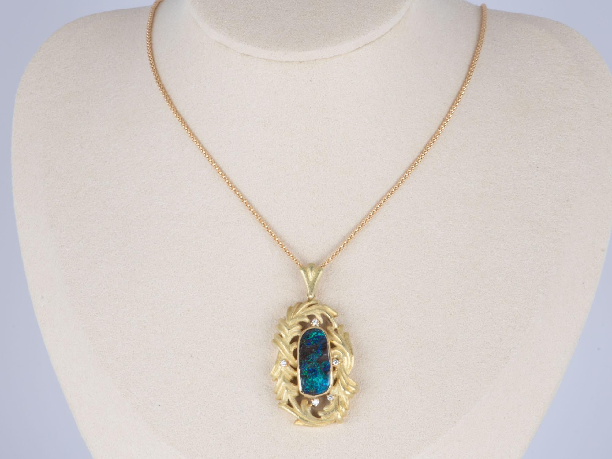 Australian Boulder Opal Feather Style Pendant 18K Gold 11.3g V1124 In New Condition For Sale In Osprey, FL