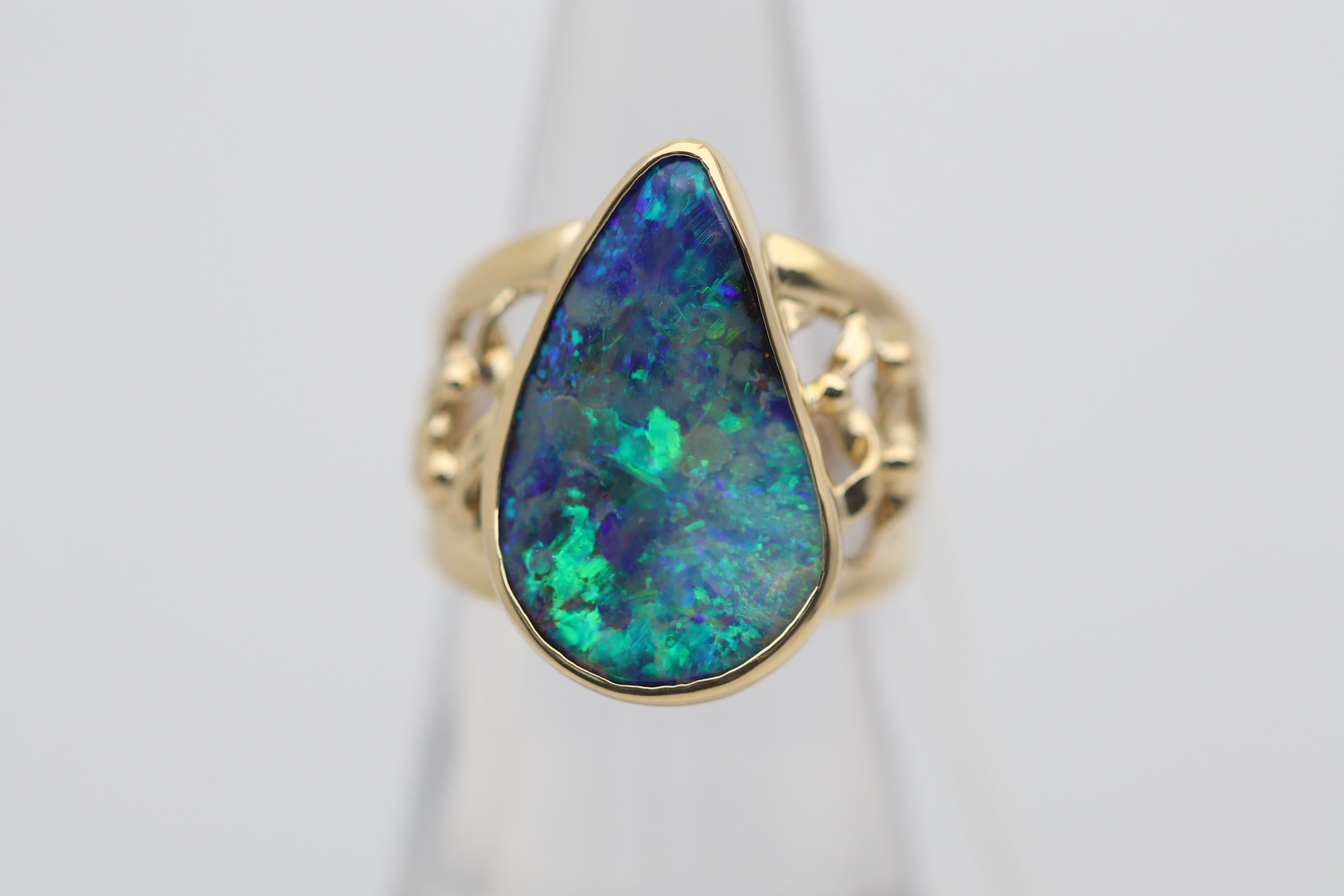 Brilliant Cut Australian Boulder Opal Gold Cocktail Ring For Sale