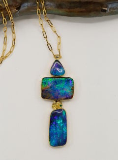 Australian Boulder Opal Pendant Alaskan Gold Nugget Emerald Paperclip Chain