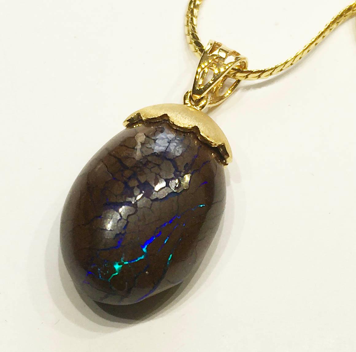 Women's or Men's Australian Boulder Opal Pendant Hanging from a 23kt Gold Necklace